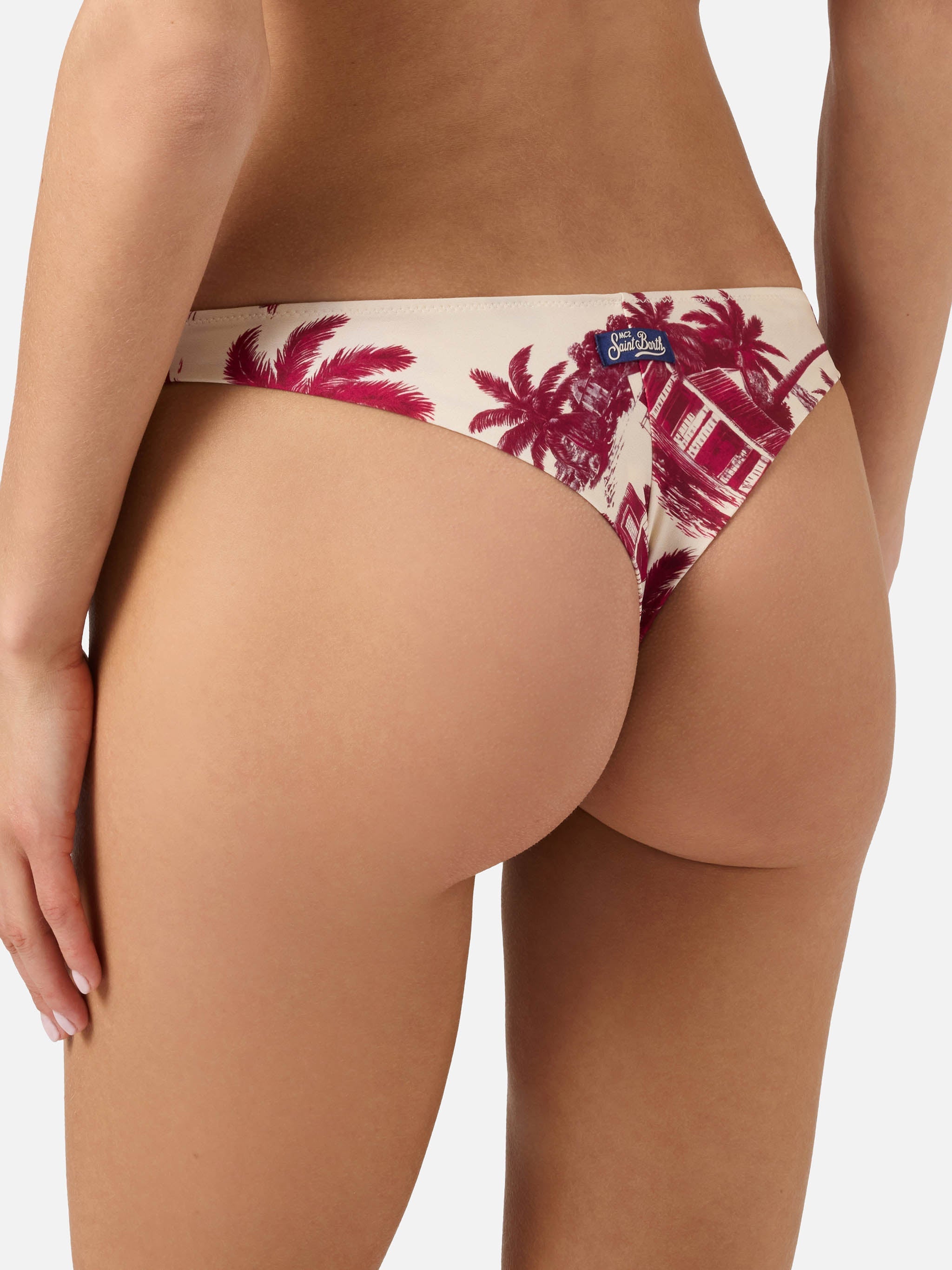 Naomi Brazilian Bikini Bottoms With Burgundy Toile De Jouy Print Red Bottom