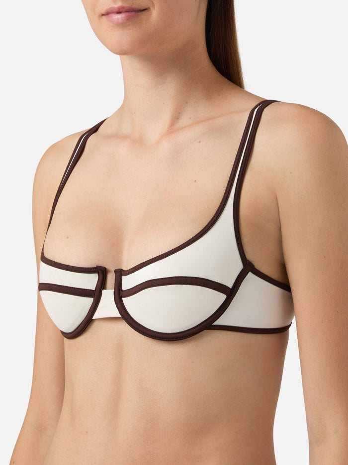 Amira String Balconette Bikini Top Cream With Brown Trims White