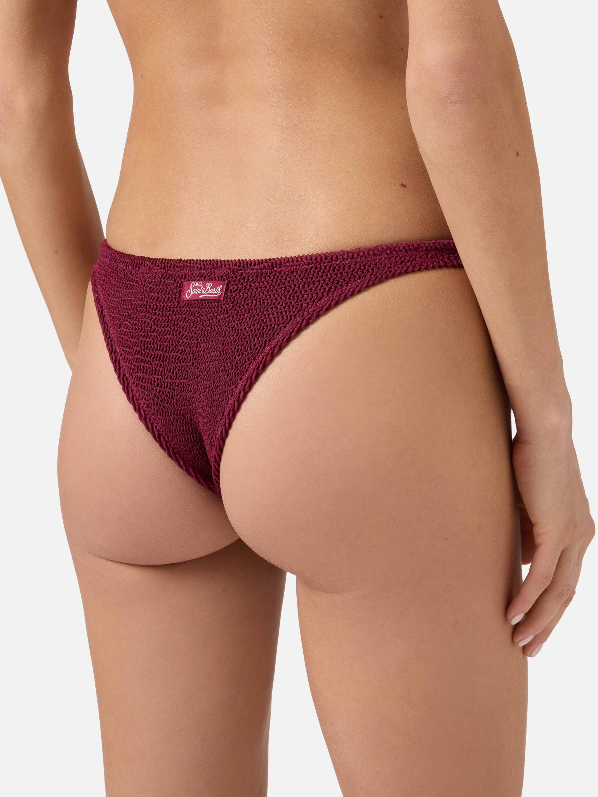 Naomi Brazilian Bikini Bottoms Burgundy Crinkle Fabric Red Bottom