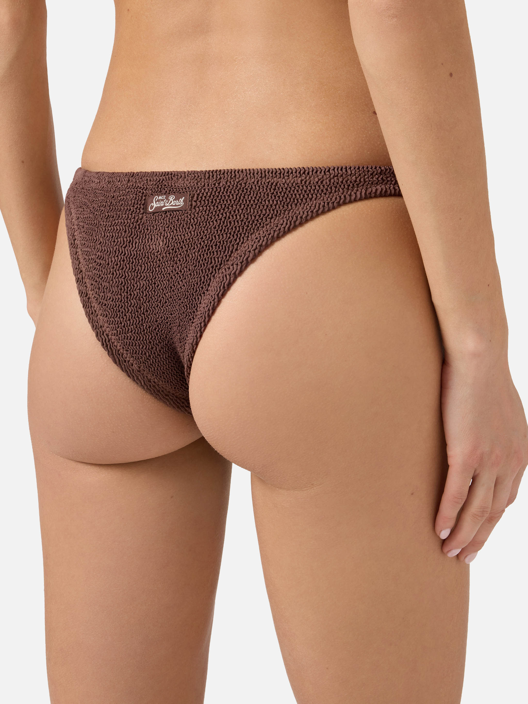 Naomi Brazilian Bikini Bottoms Brown Crinkle Fabric Bottom