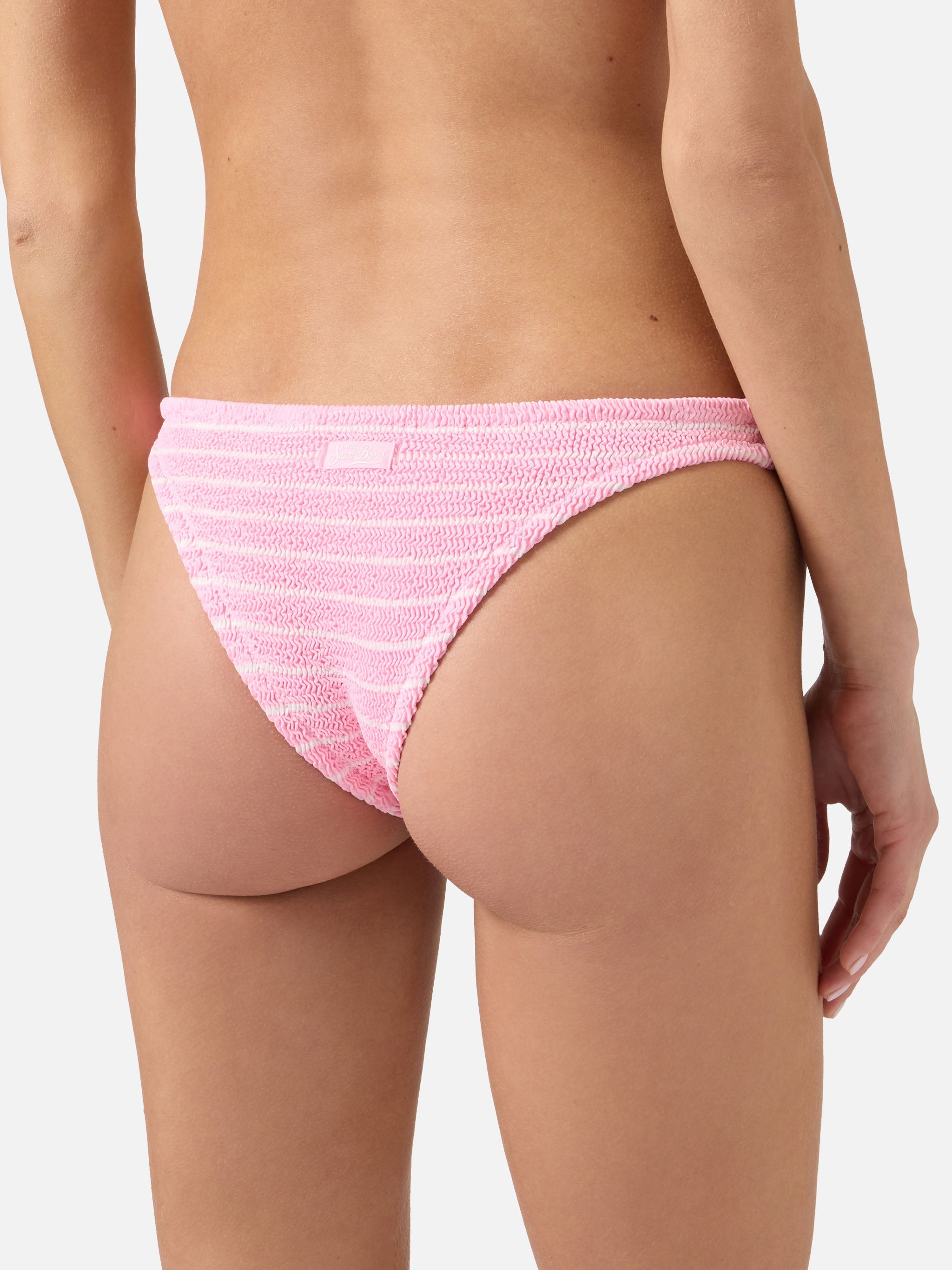Naomi Brazilian Bikini Bottoms Pink And White Striped Crinkle Fabric Bottom