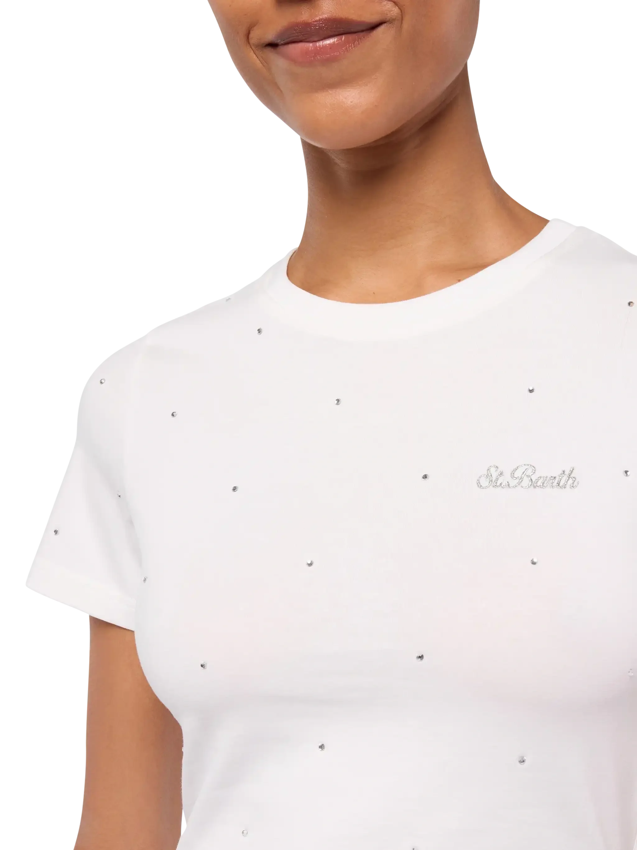 White Cotton Nives T-Shirt With All-Over Rhinestones