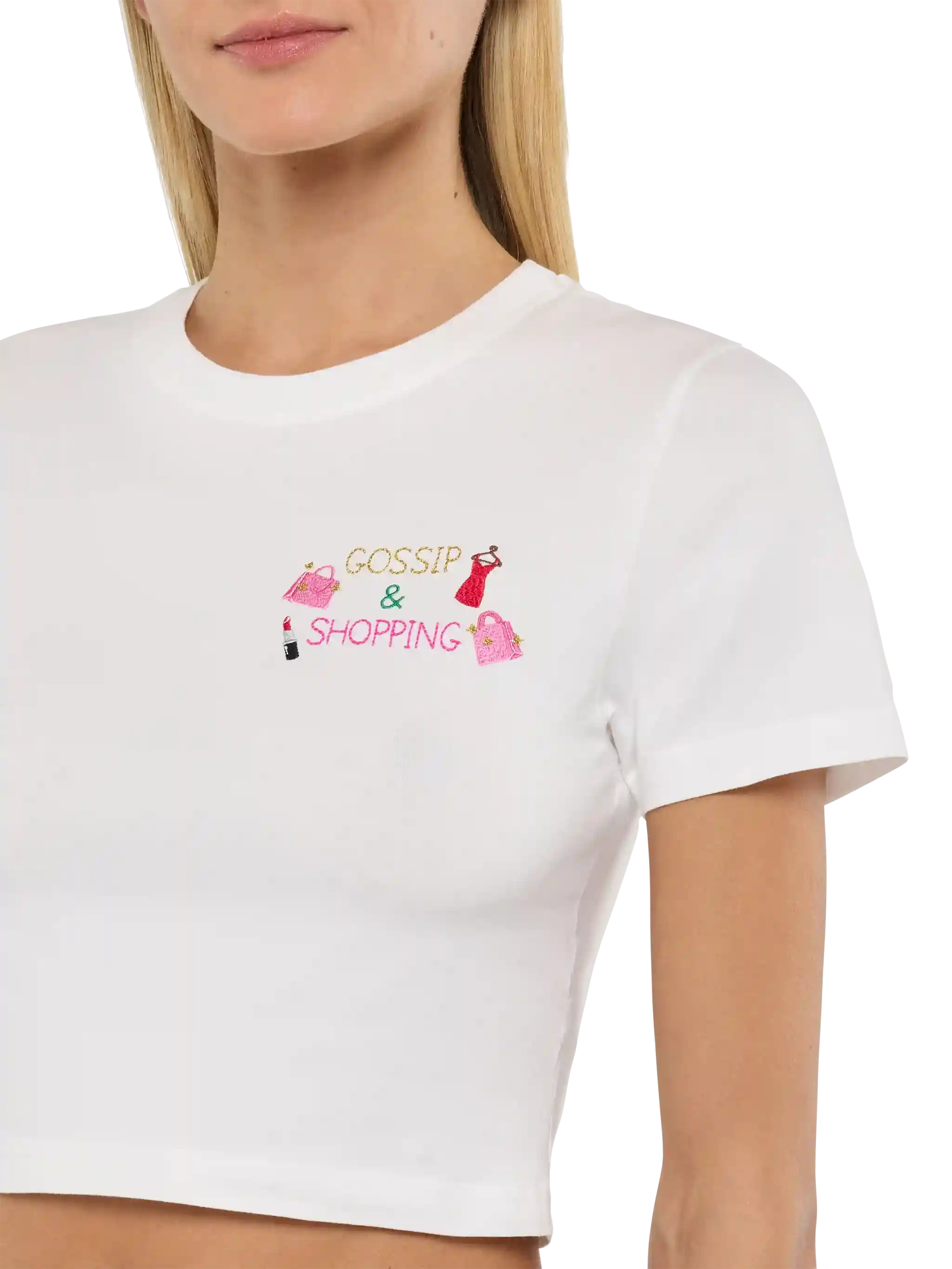 Nives Cotton T-Shirt With Gossip $ Shopping Embroidery White