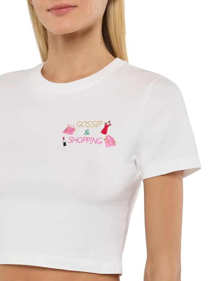 Nives Cotton T-Shirt With Gossip $ Shopping Embroidery White