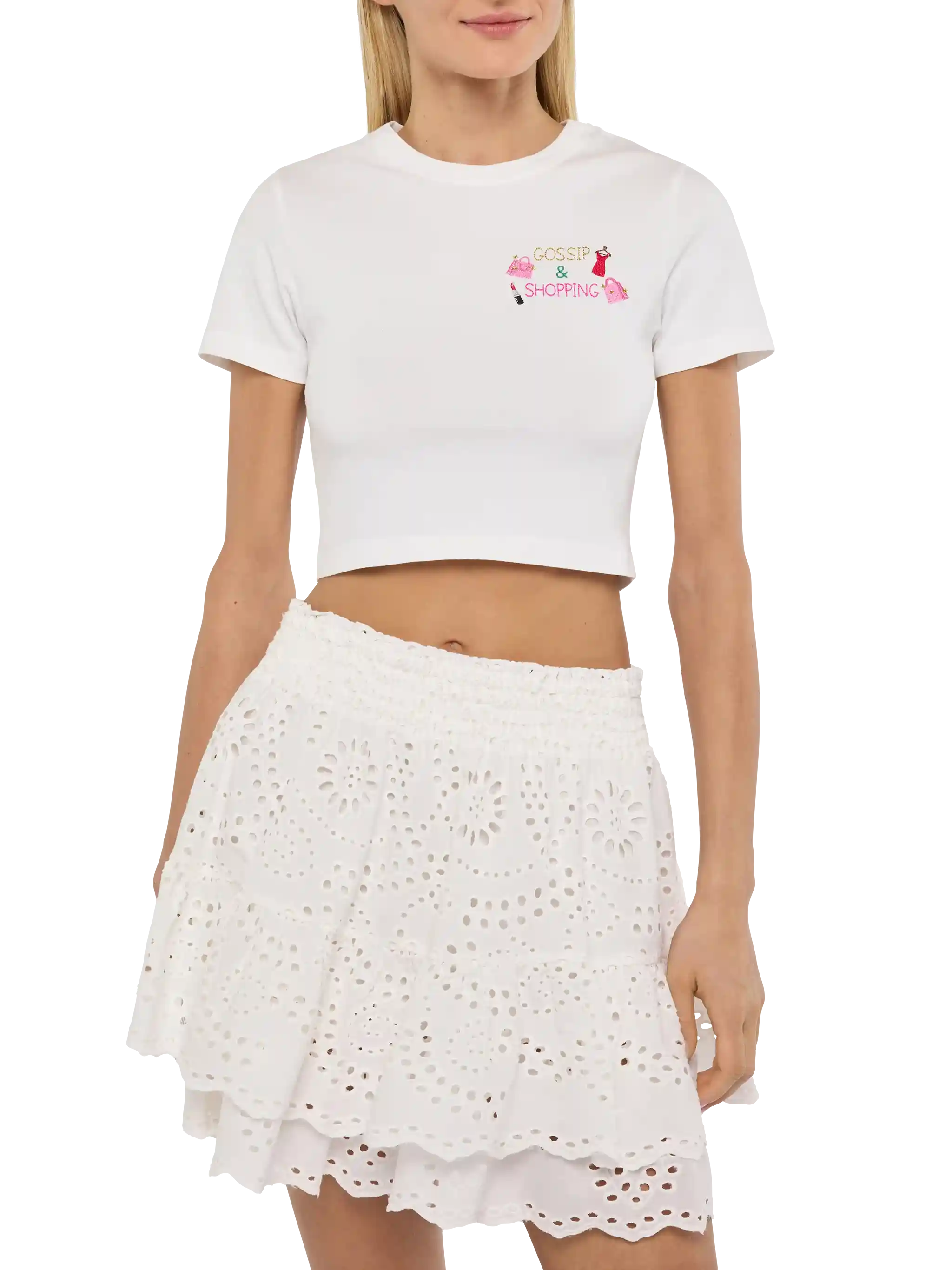 Nives Cotton T-Shirt With Gossip $ Shopping Embroidery White