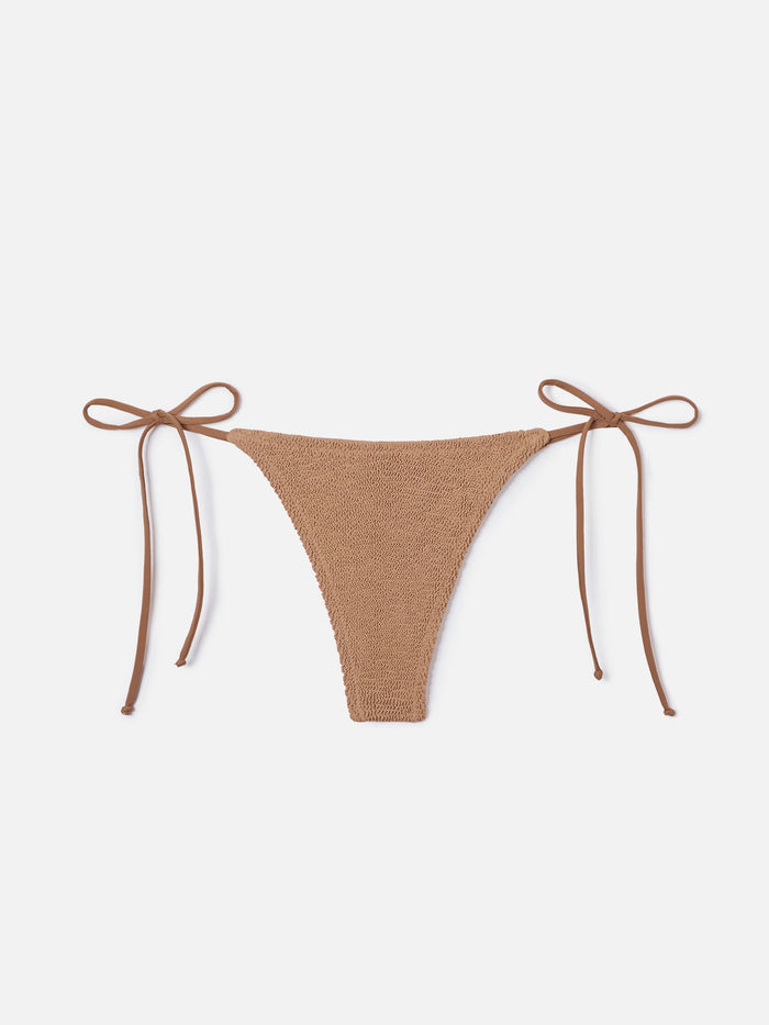 Norah Thong Bikini Bottoms Light Brown Crinkle Fabric White Bottom