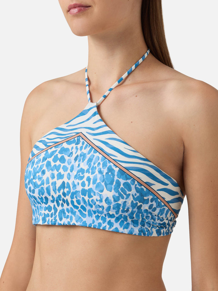 Nairobi Halter Bikini Top With Placed Safari Animal Print White