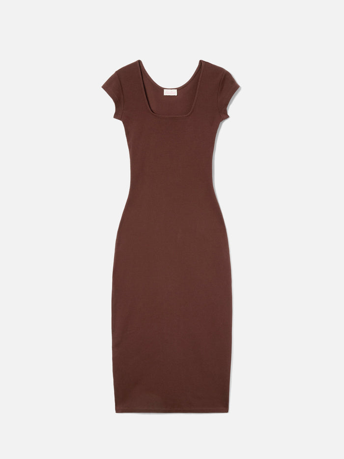 Long Olimpia Dress Brown Ribbed Stretch Cotton Fabric