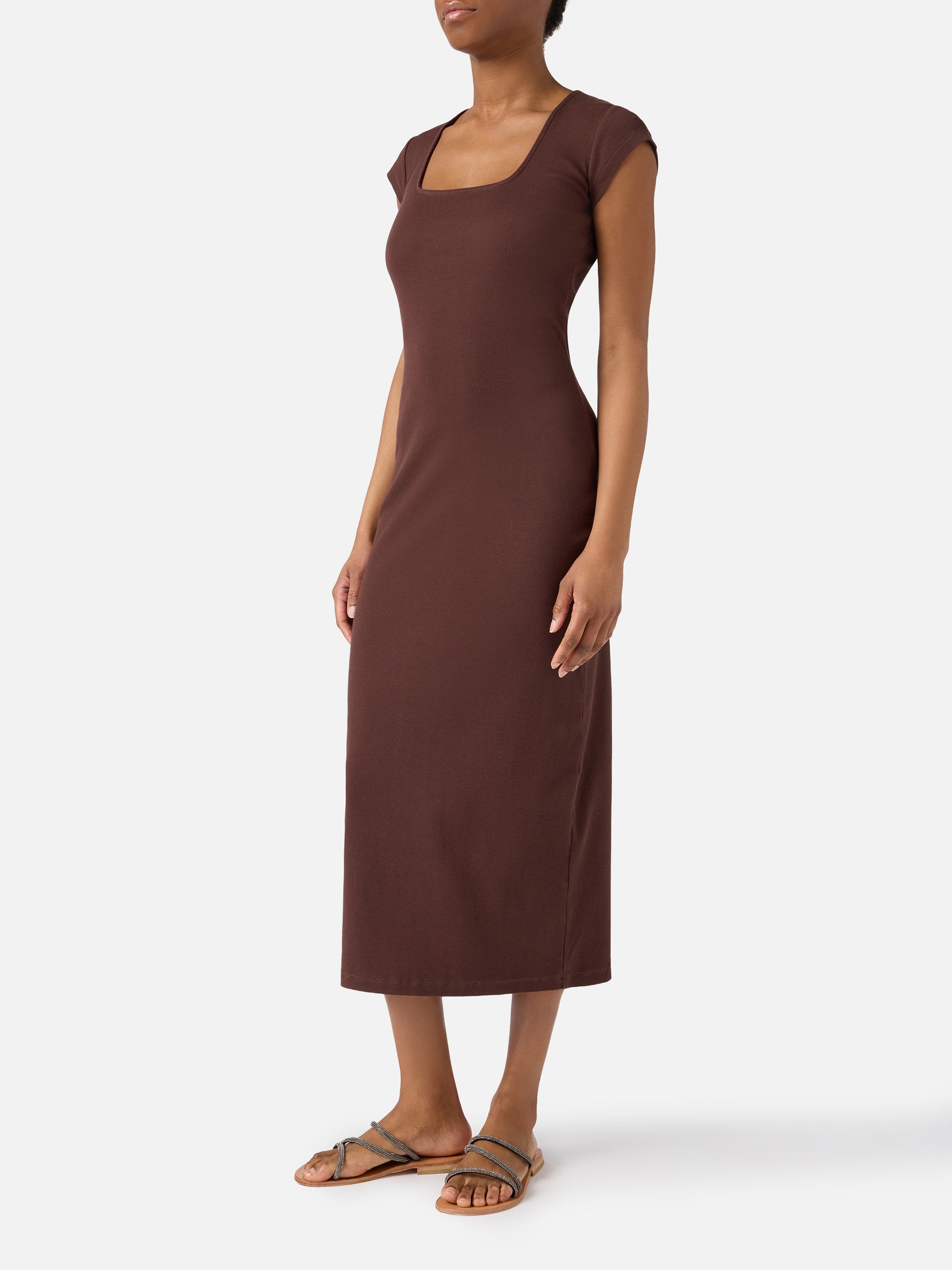 Long Olimpia Dress Brown Ribbed Stretch Cotton Fabric