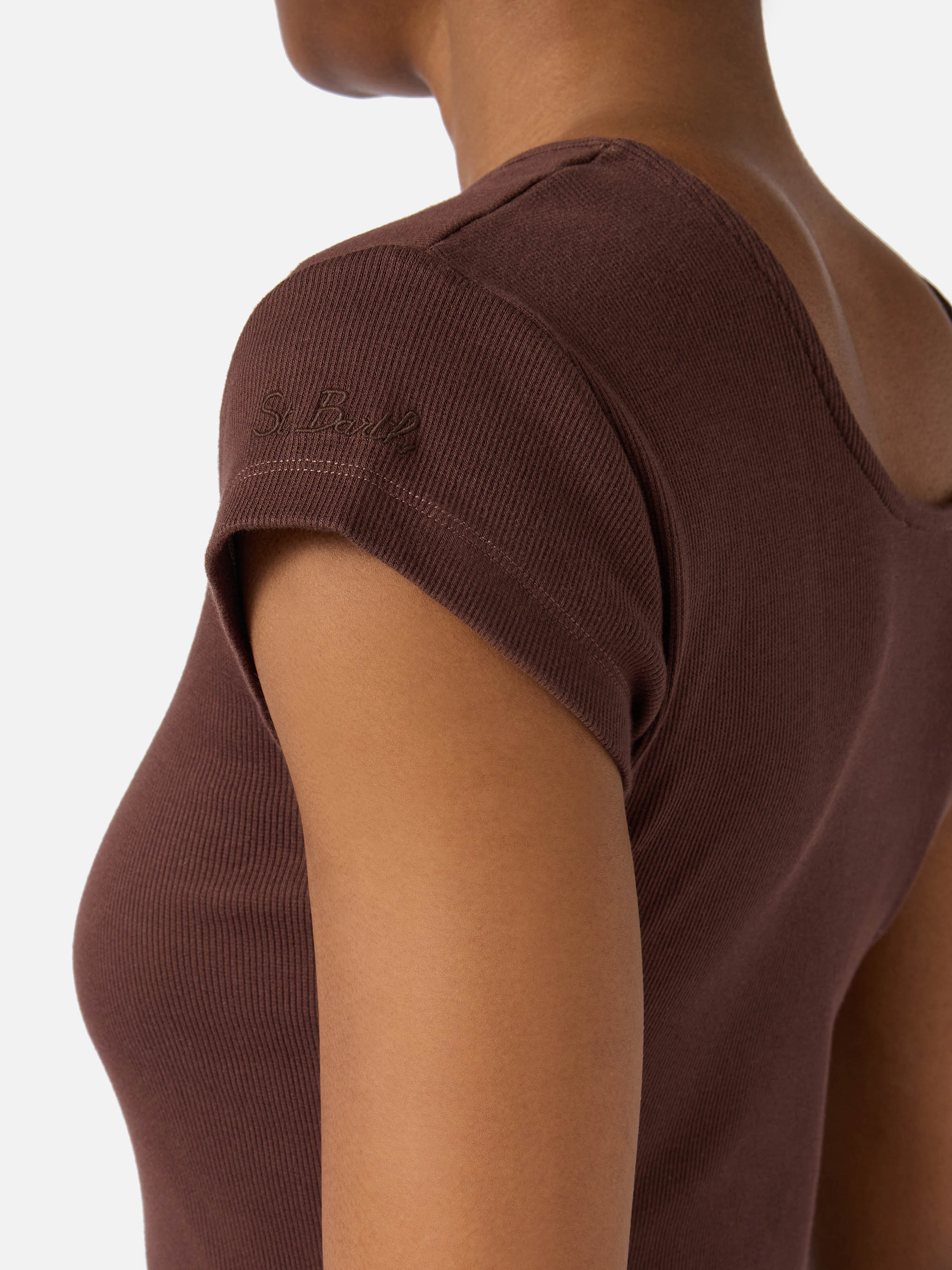 Long Olimpia Dress Brown Ribbed Stretch Cotton Fabric