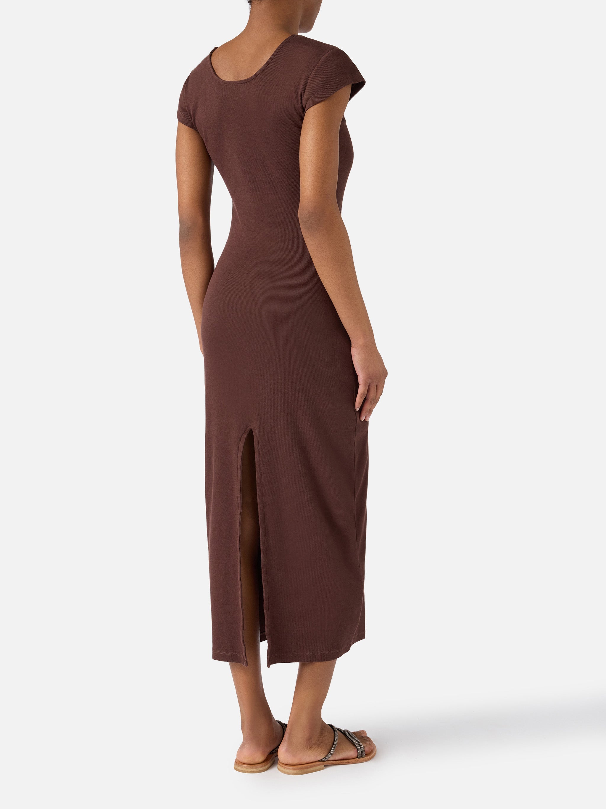 Long Olimpia Dress Brown Ribbed Stretch Cotton Fabric