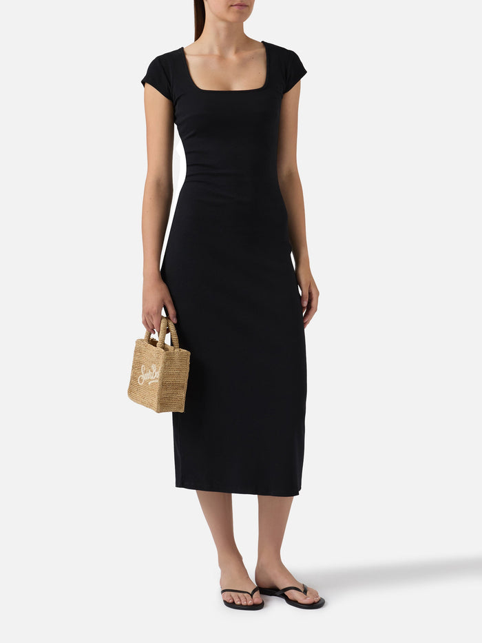 Long Olimpia Dress Black Ribbed Stretch Cotton Fabric