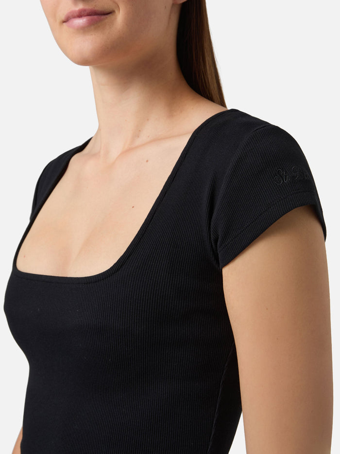 Long Olimpia Dress Black Ribbed Stretch Cotton Fabric