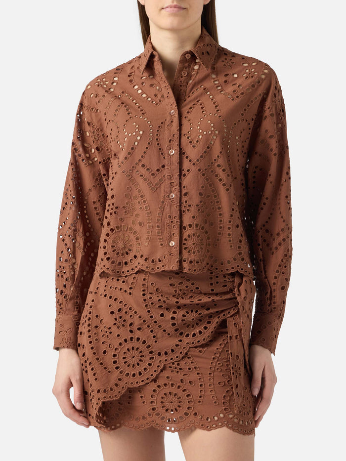Oriane Cropped Sangallo Cotton Shirt Brown Camel