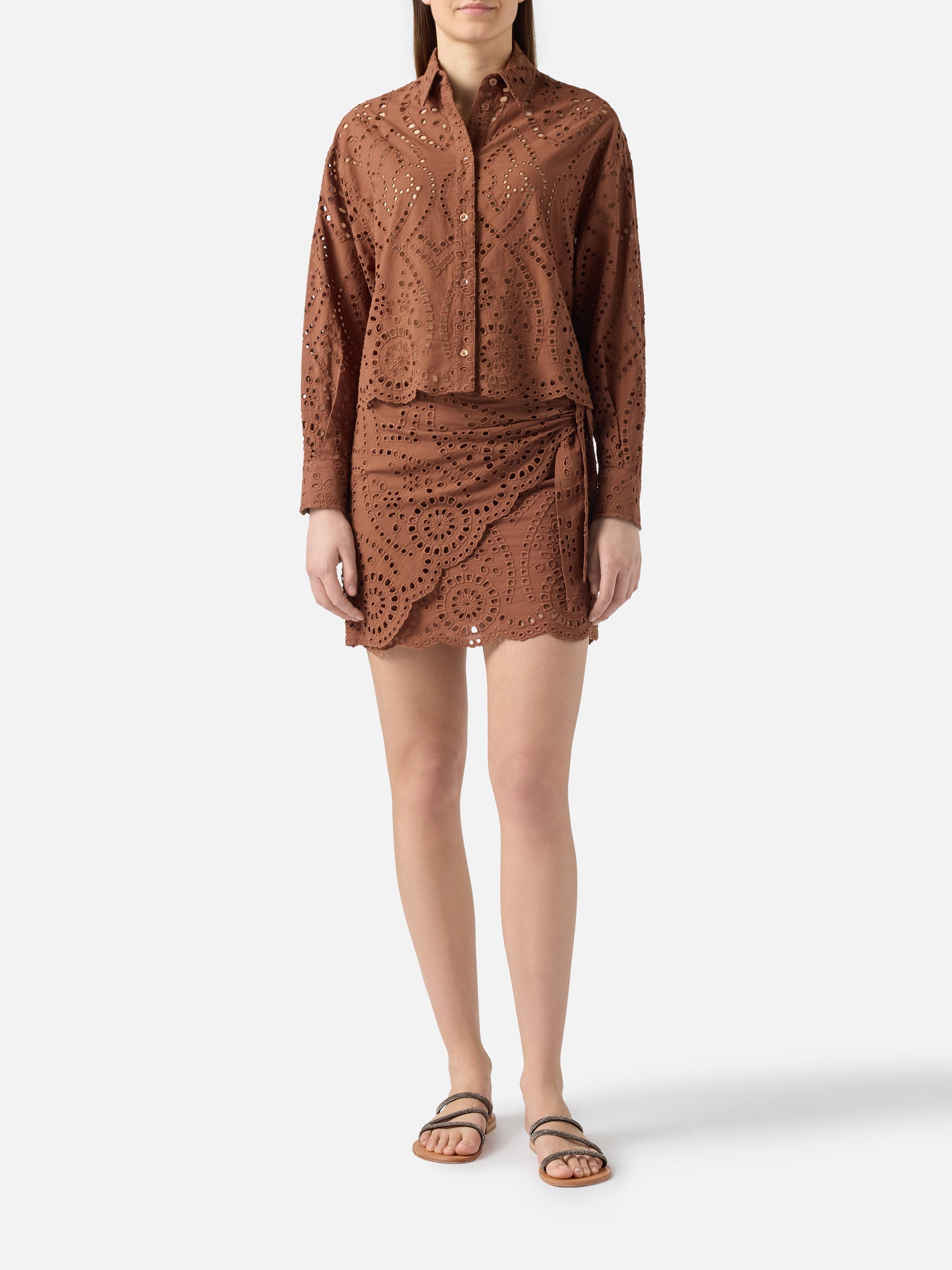 Oriane Cropped Sangallo Cotton Shirt Brown Camel
