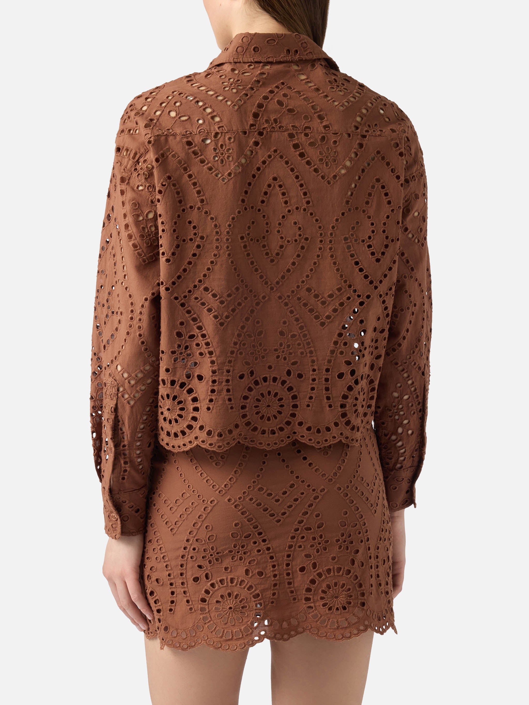 Oriane Cropped Sangallo Cotton Shirt Brown Camel