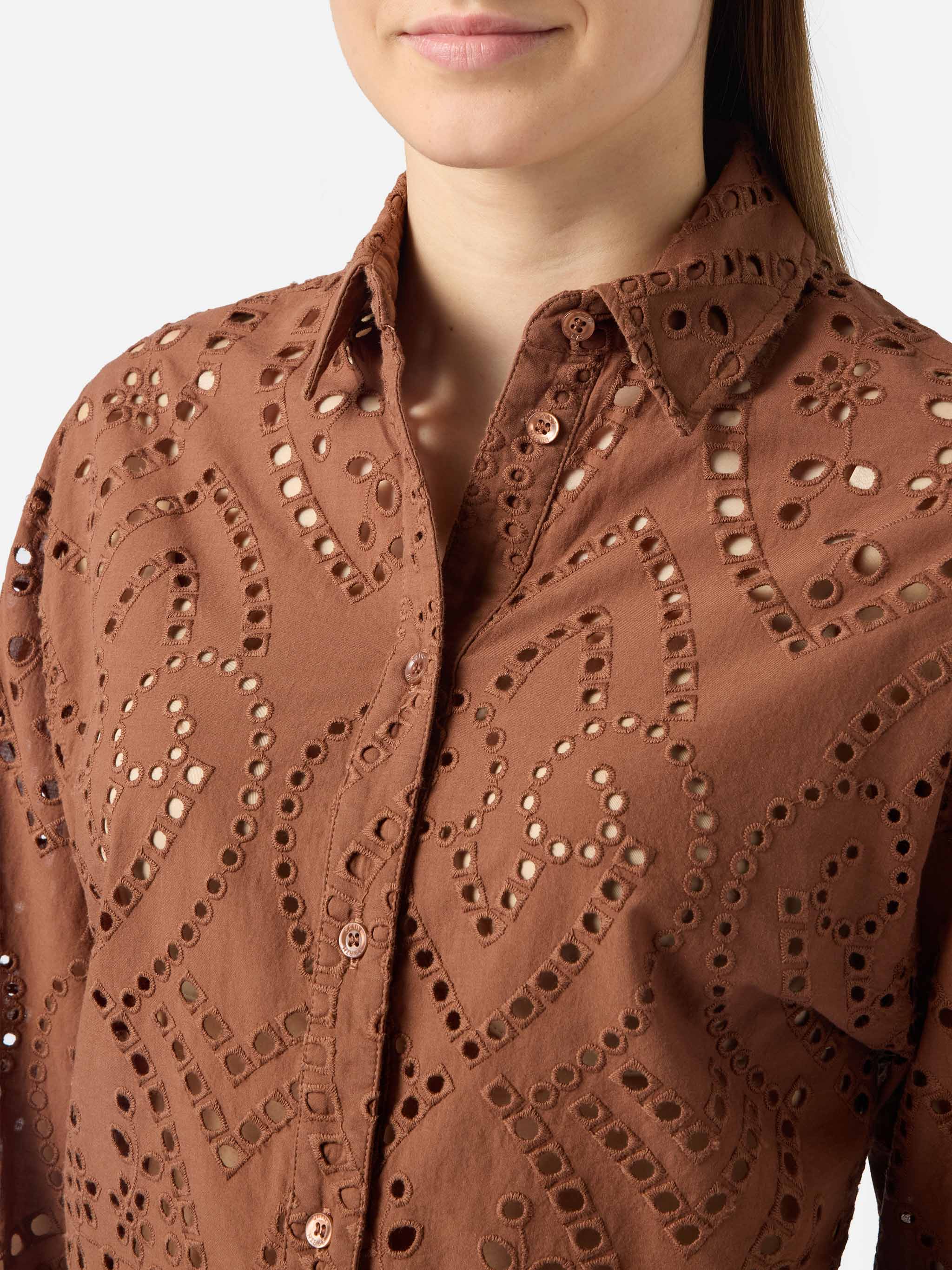 Oriane Cropped Sangallo Cotton Shirt Brown Camel