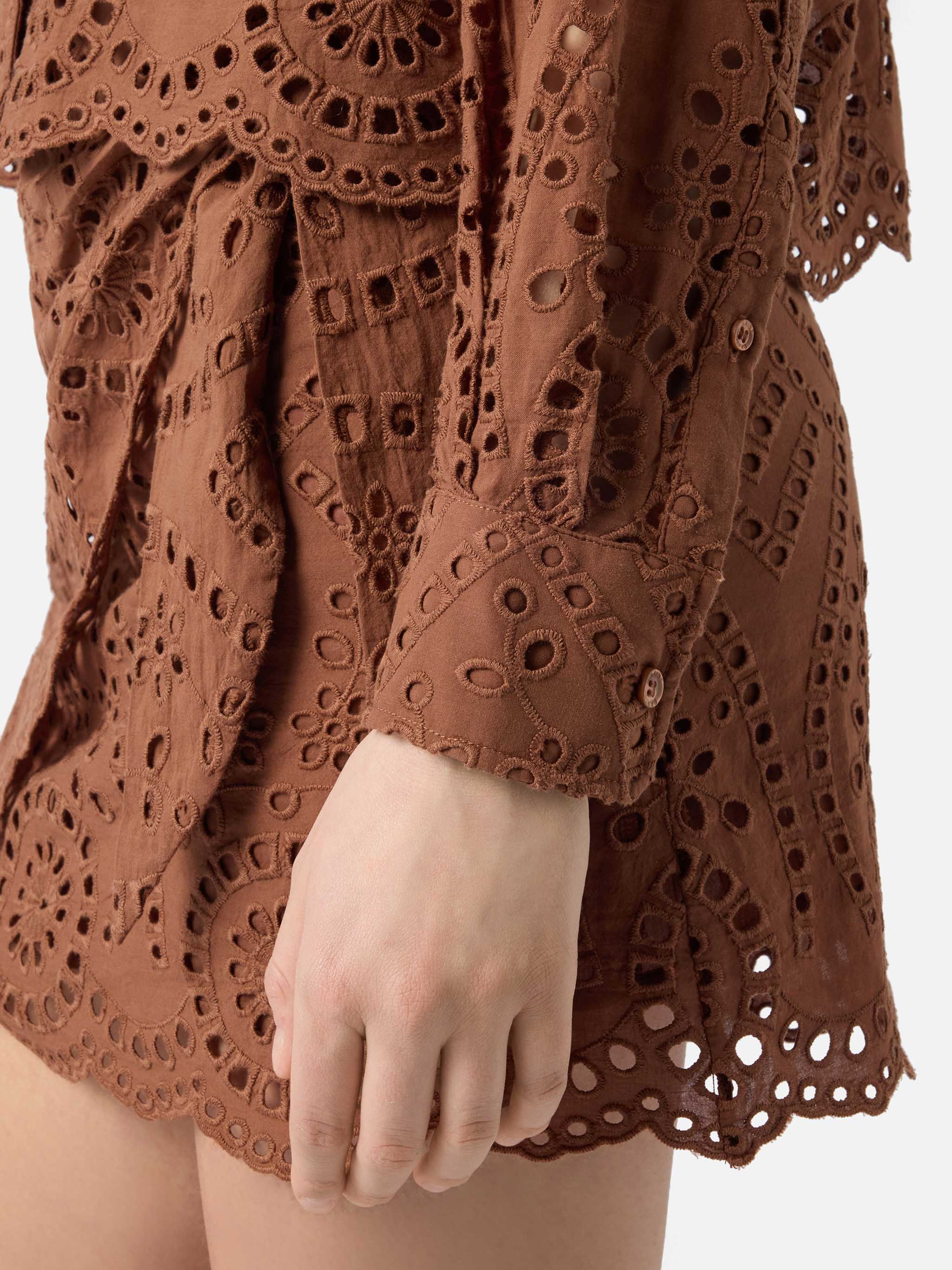 Oriane Cropped Sangallo Cotton Shirt Brown Camel