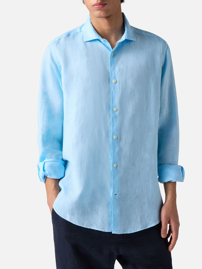 Man Light Blue Linen Shirt Pamplona Sky