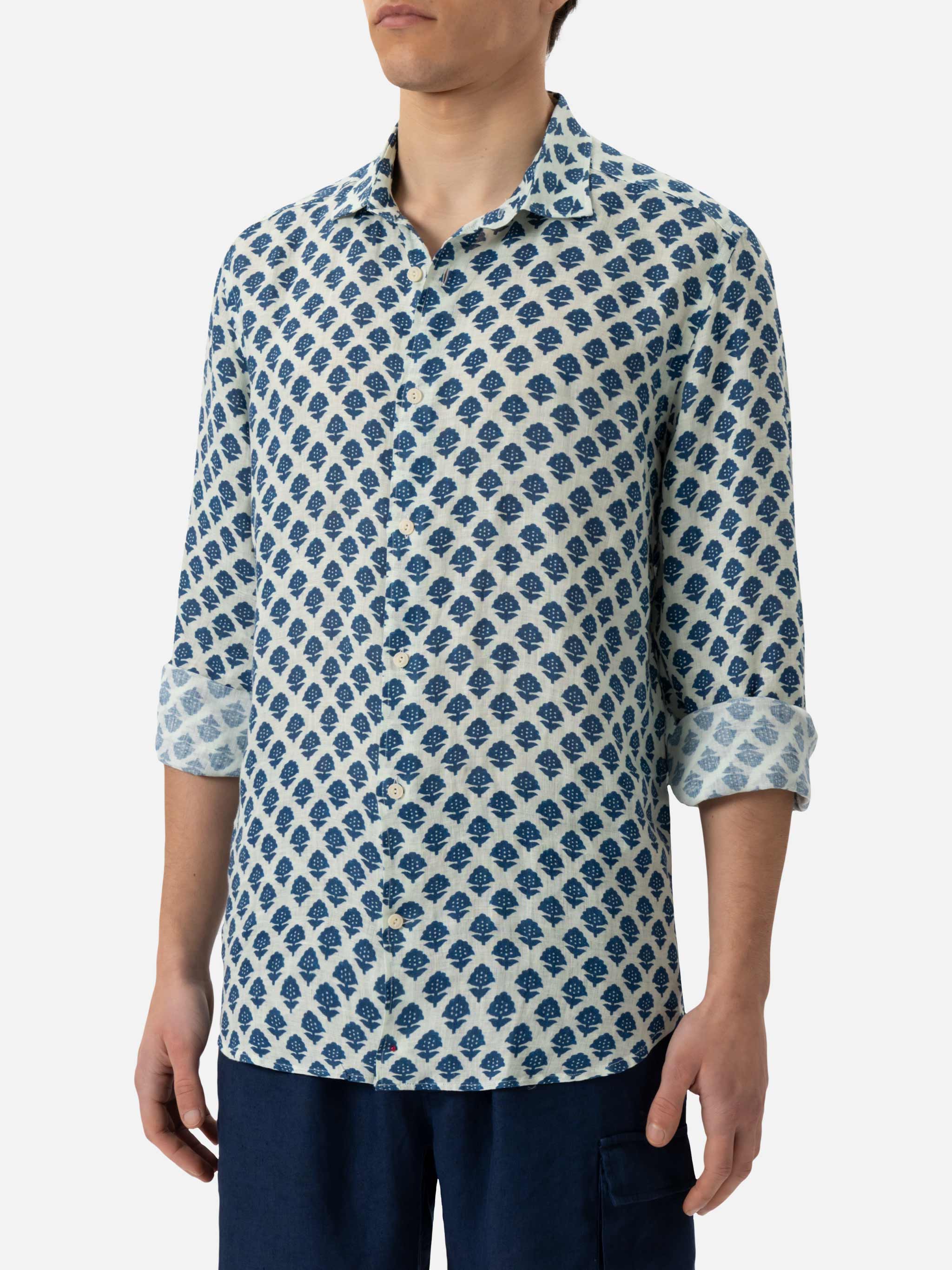 Linen Shirt Pamplona With Flower Print White