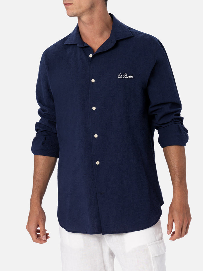 Pamplona Seersucker Shirt Blue With Embroidery