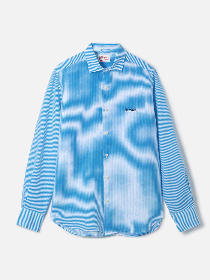 Man Turquoise Striped Linen Shirt Pamplona Sky