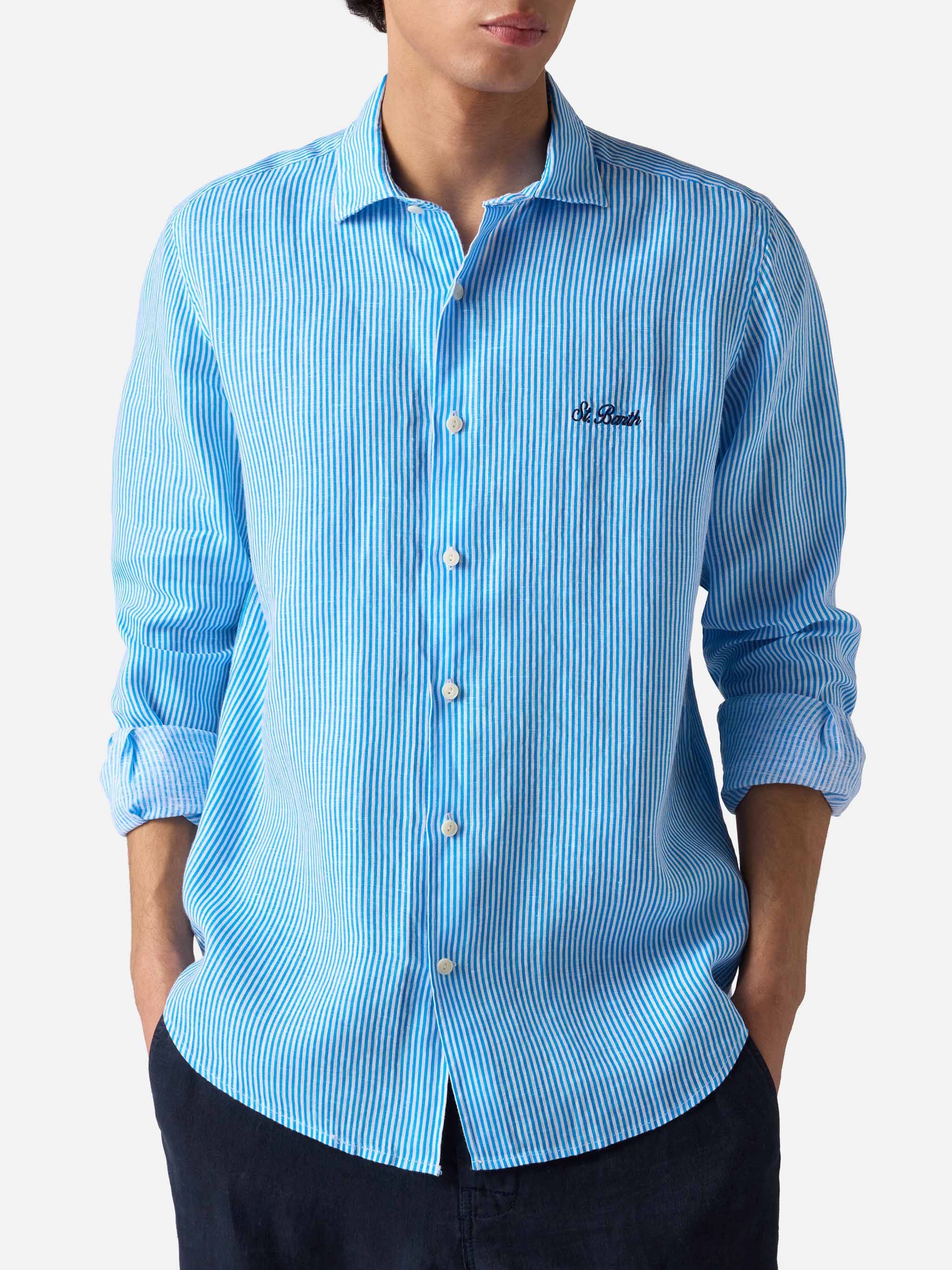 Man Turquoise Striped Linen Shirt Pamplona Sky