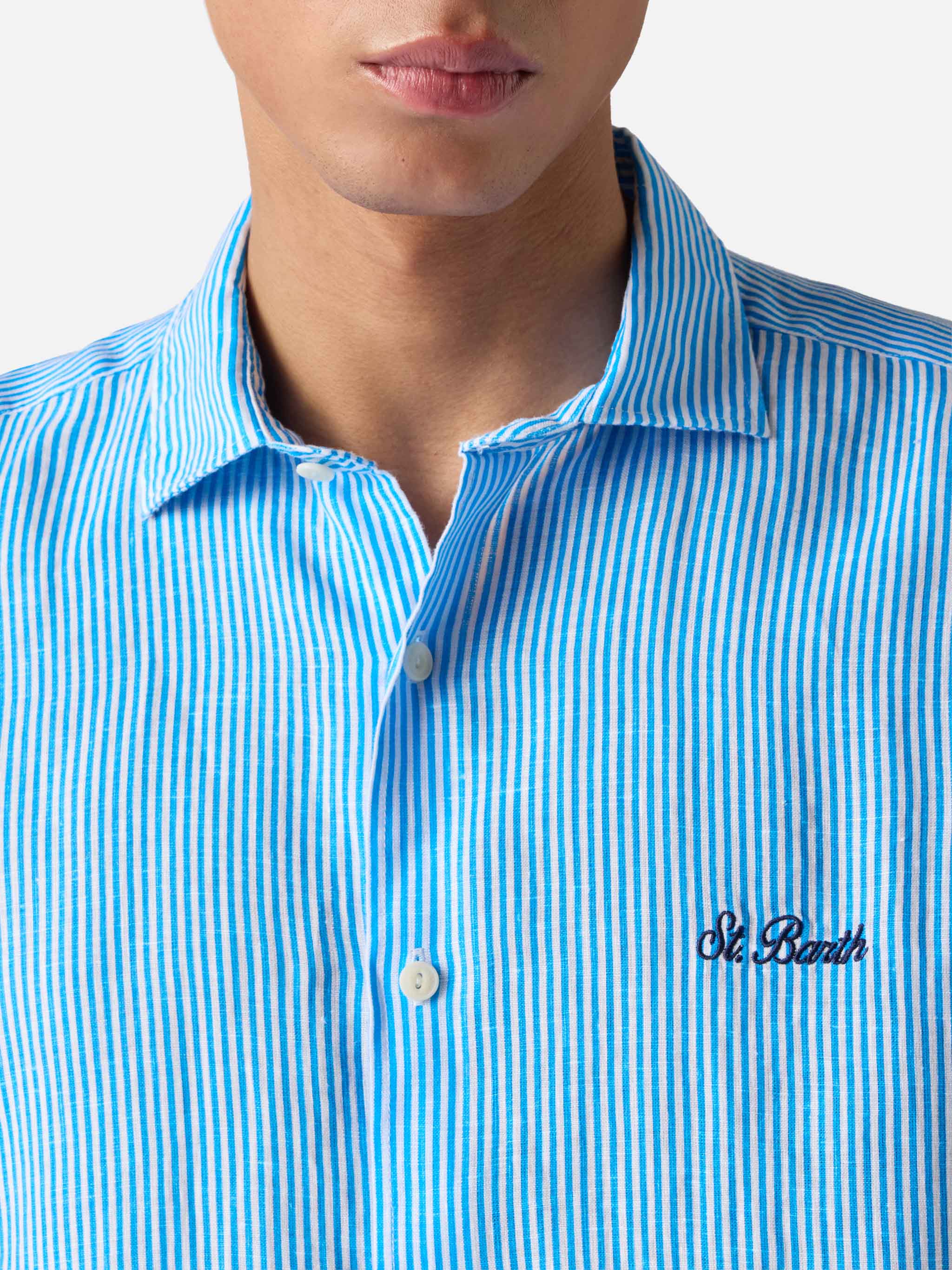 Man Turquoise Striped Linen Shirt Pamplona Sky