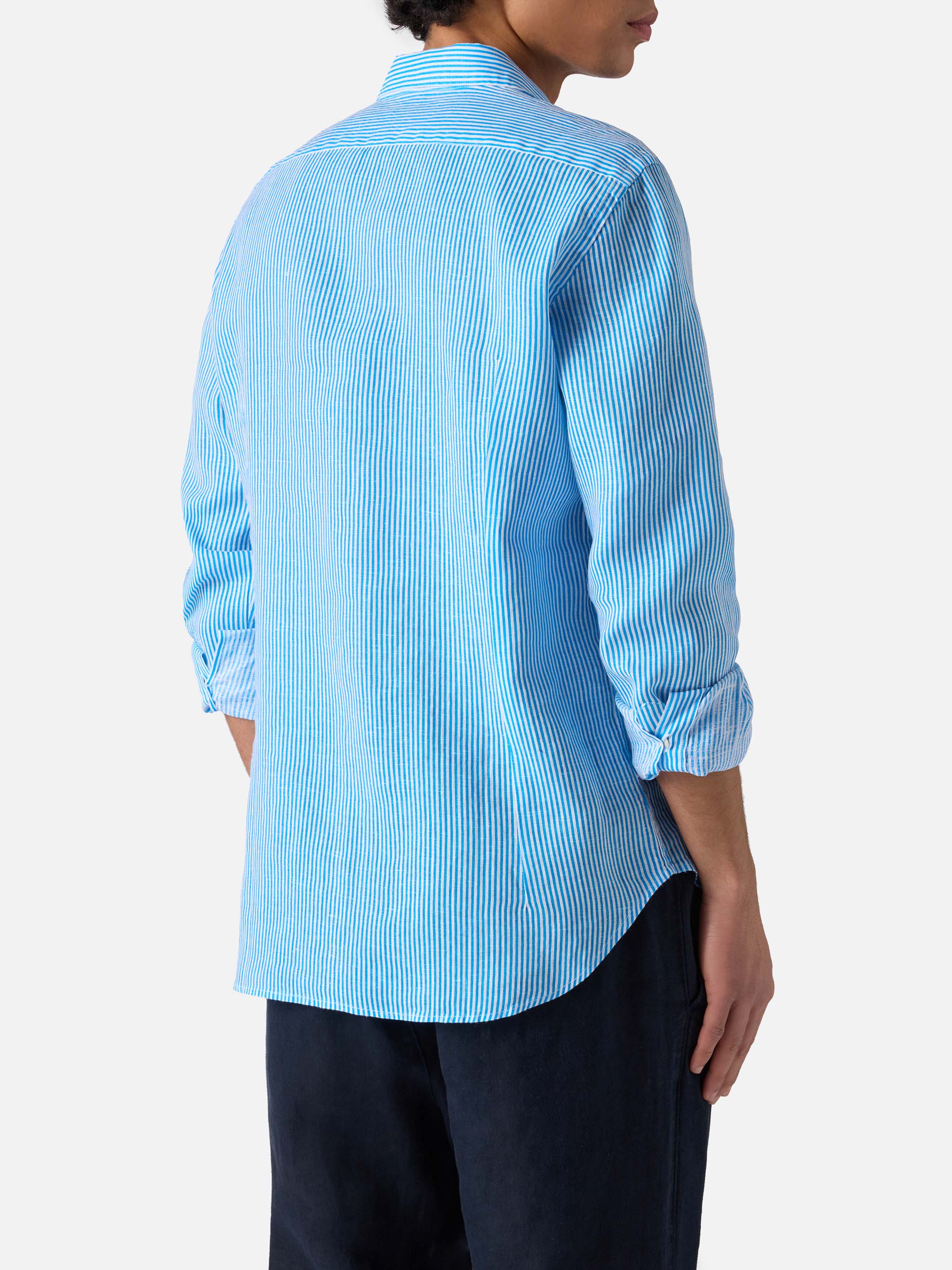 Man Turquoise Striped Linen Shirt Pamplona Sky