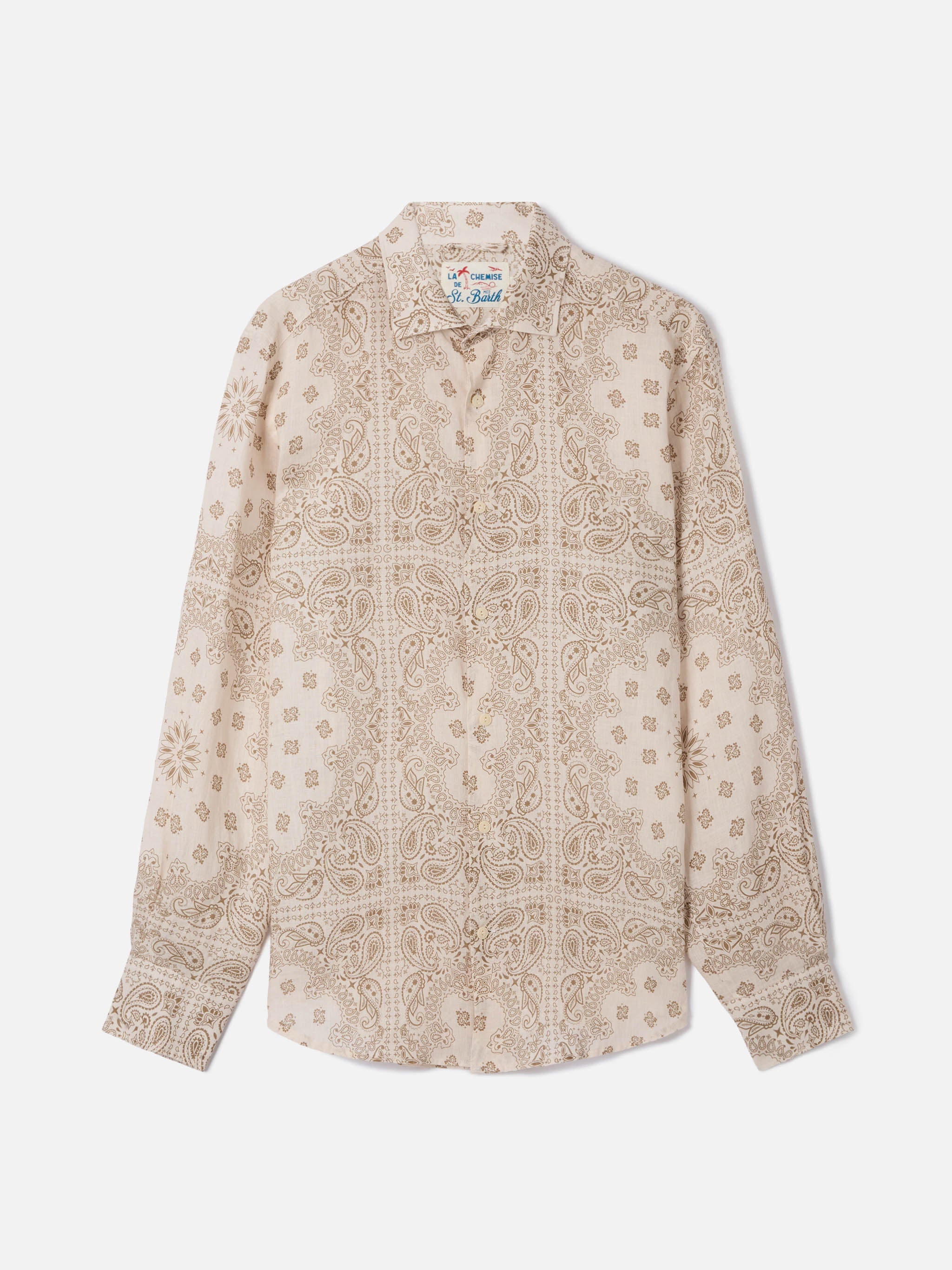 Pamplona Linen Shirt With All-Over Bandana Print Brown