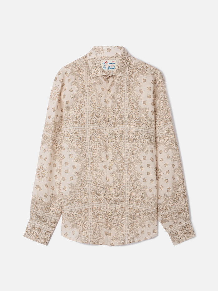 Pamplona Linen Shirt With All-Over Bandana Print Brown