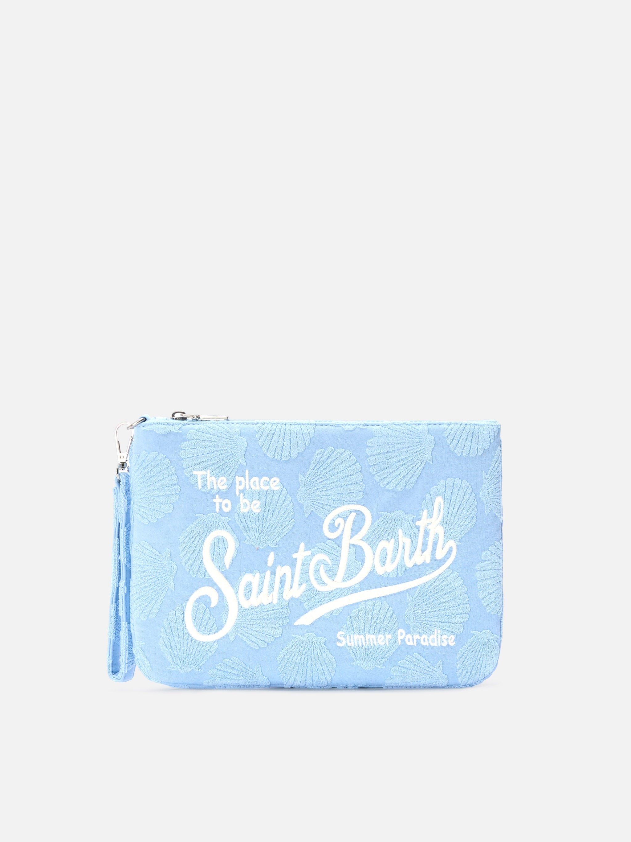 Parisienne Sponge Terry-Effect Pouch With Embossed Shell Pattern And Removable Strap Blue Pochette