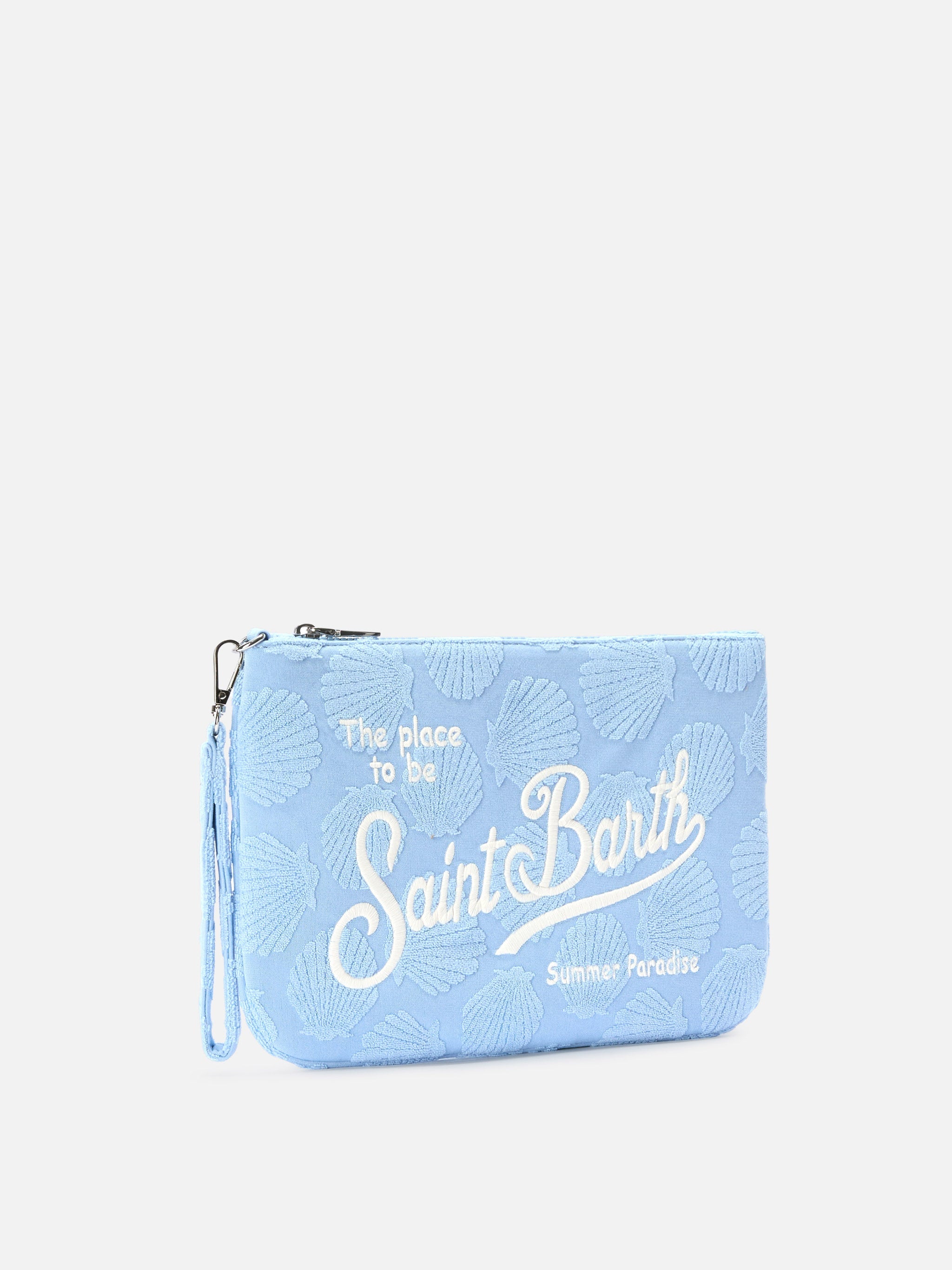 Parisienne Sponge Terry-Effect Pouch With Embossed Shell Pattern And Removable Strap Blue Pochette