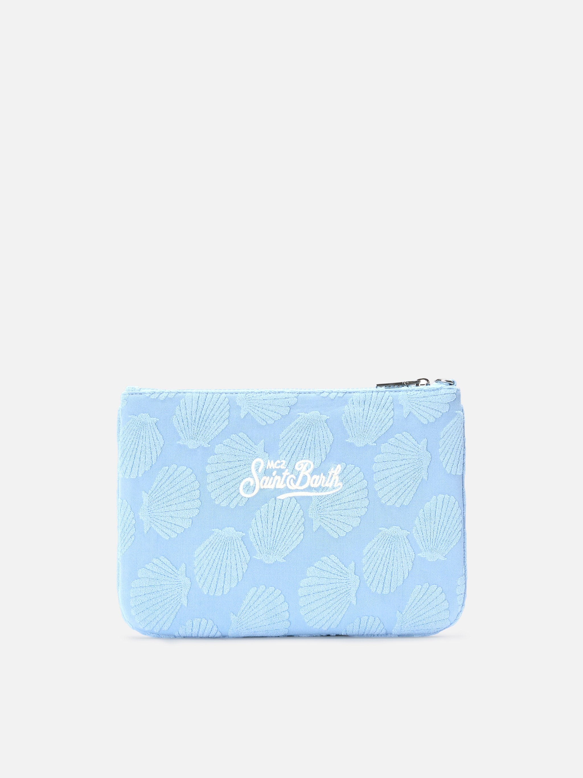 Parisienne Sponge Terry-Effect Pouch With Embossed Shell Pattern And Removable Strap Blue Pochette