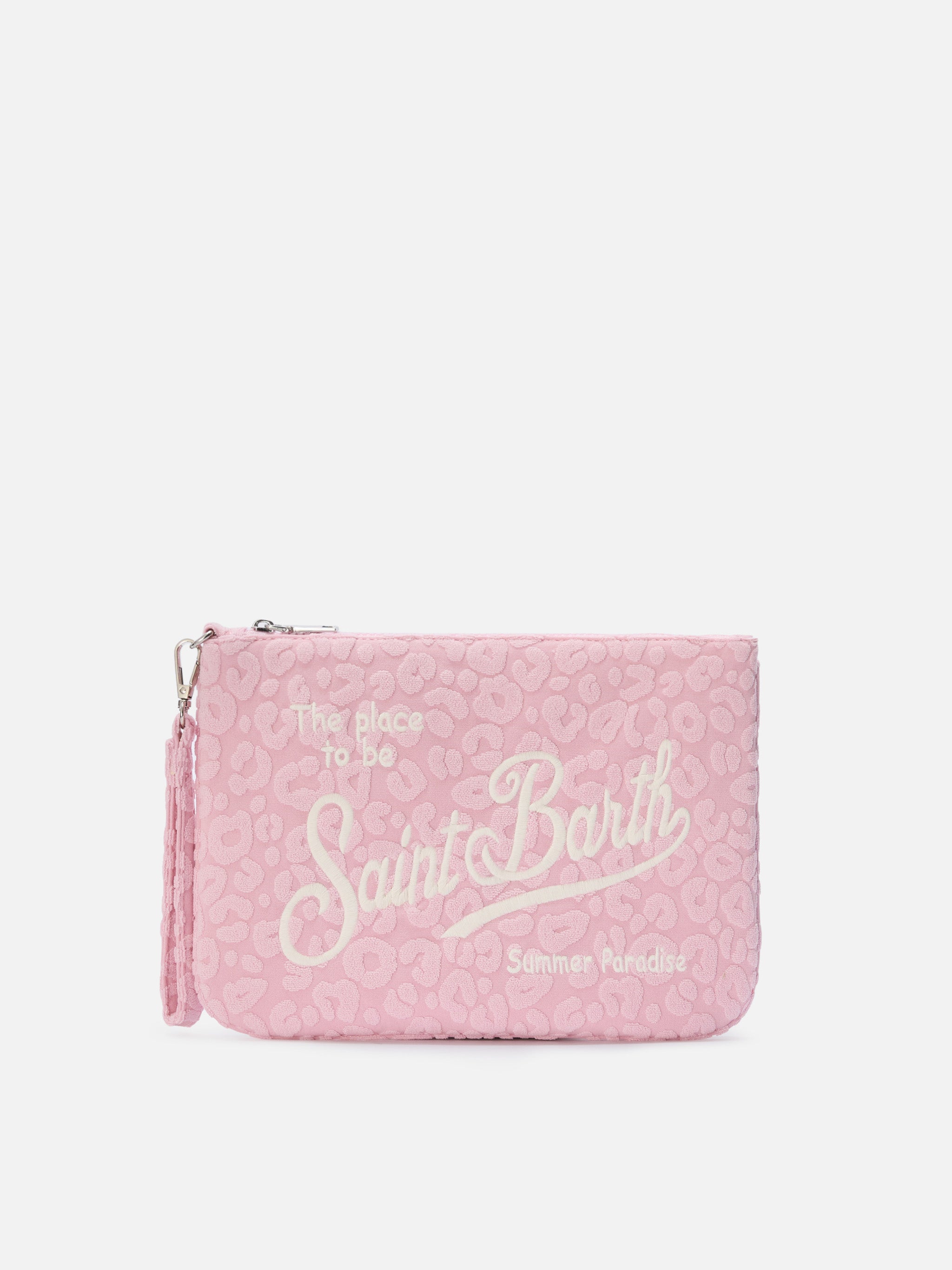 Parisienne Sponge Terry-Effect Pouch With Embossed Leopard Pattern And Removable Strap Pink Pochette
