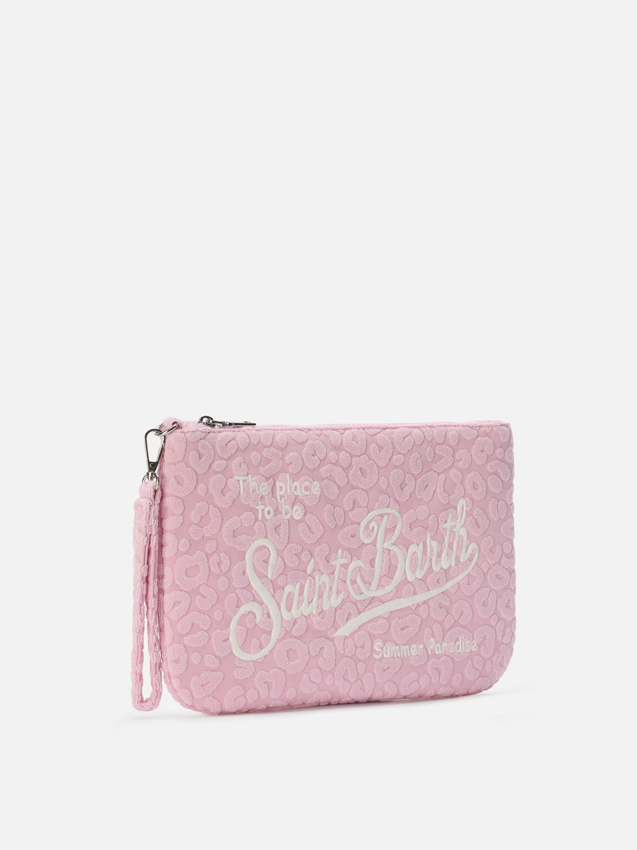 Parisienne Sponge Terry-Effect Pouch With Embossed Leopard Pattern And Removable Strap Pink Pochette