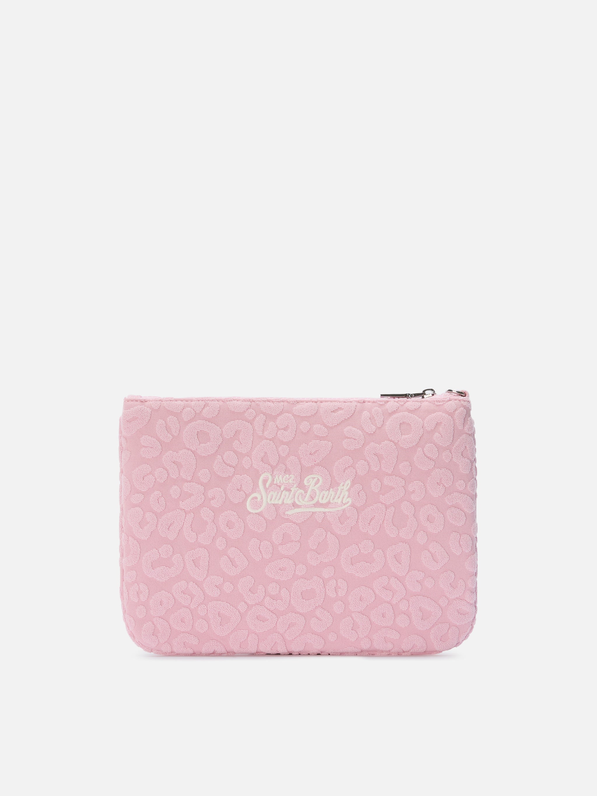 Parisienne Sponge Terry-Effect Pouch With Embossed Leopard Pattern And Removable Strap Pink Pochette