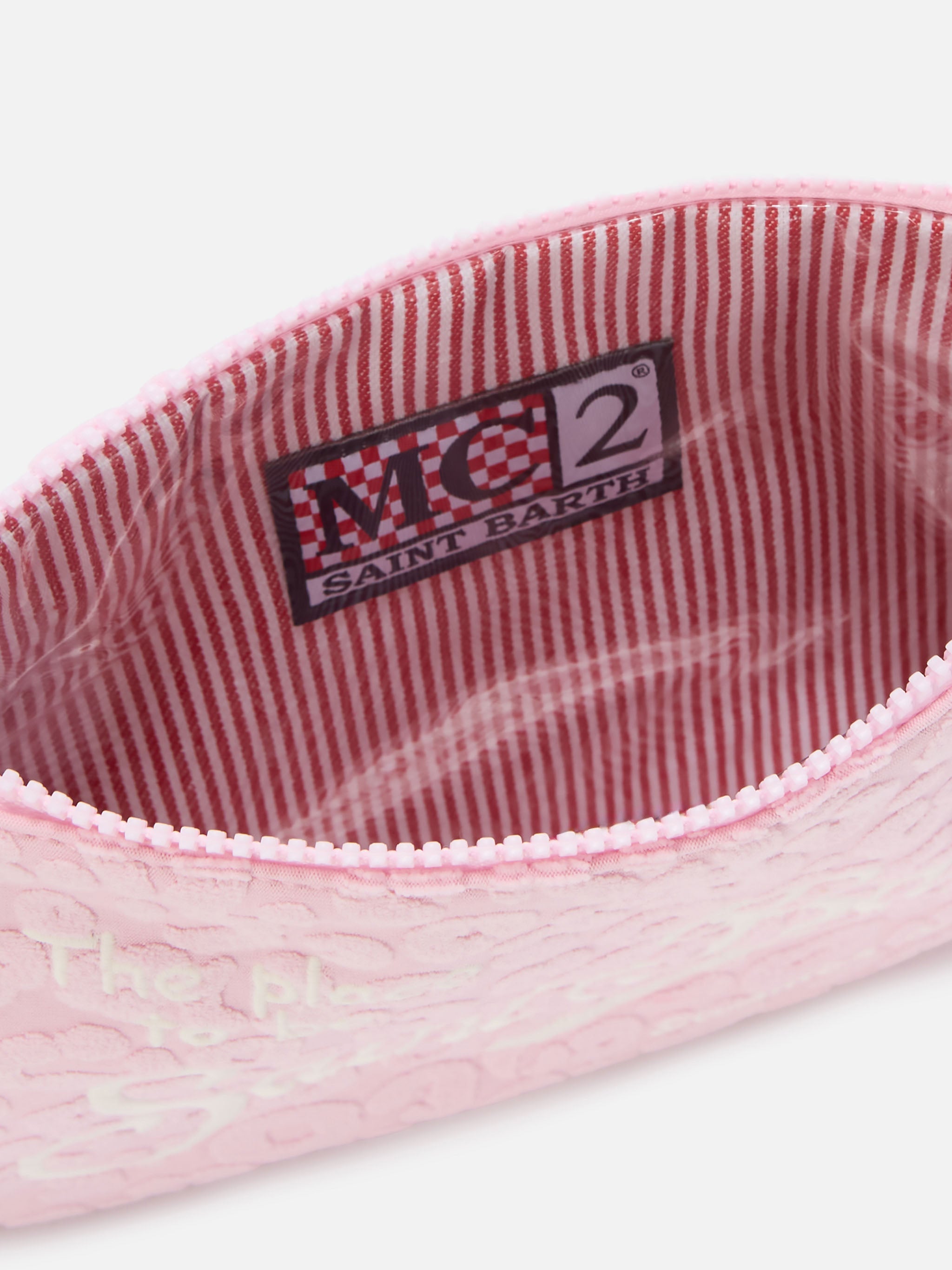 Parisienne Sponge Terry-Effect Pouch With Embossed Leopard Pattern And Removable Strap Pink Pochette