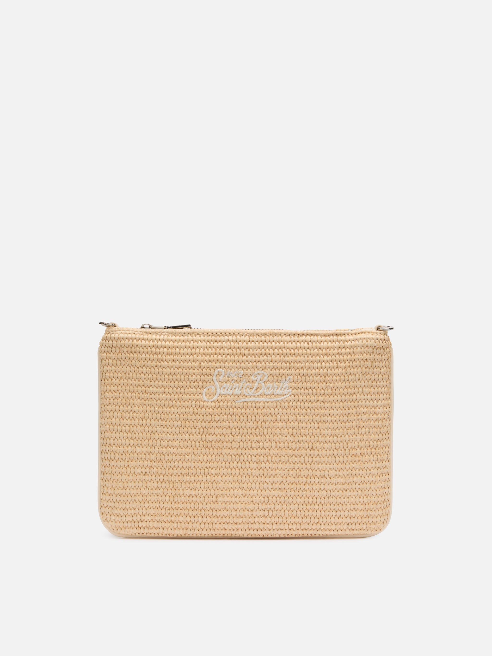 Parisienne Straw Effect Pouch Bag With Embroidered Logo Beige Pochette