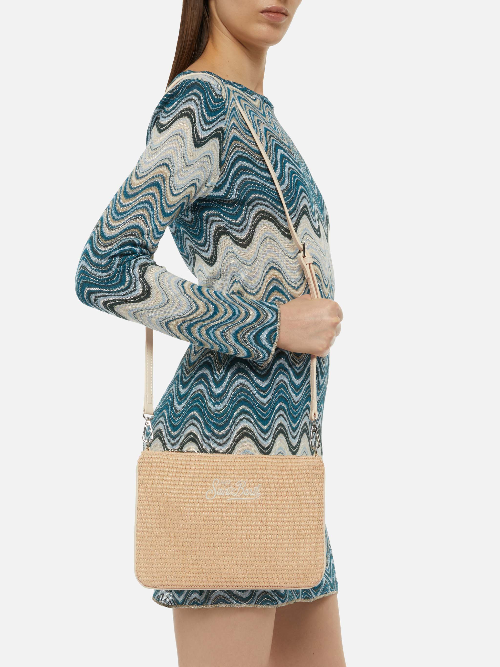 Parisienne Straw Effect Pouch Bag With Embroidered Logo Beige Pochette