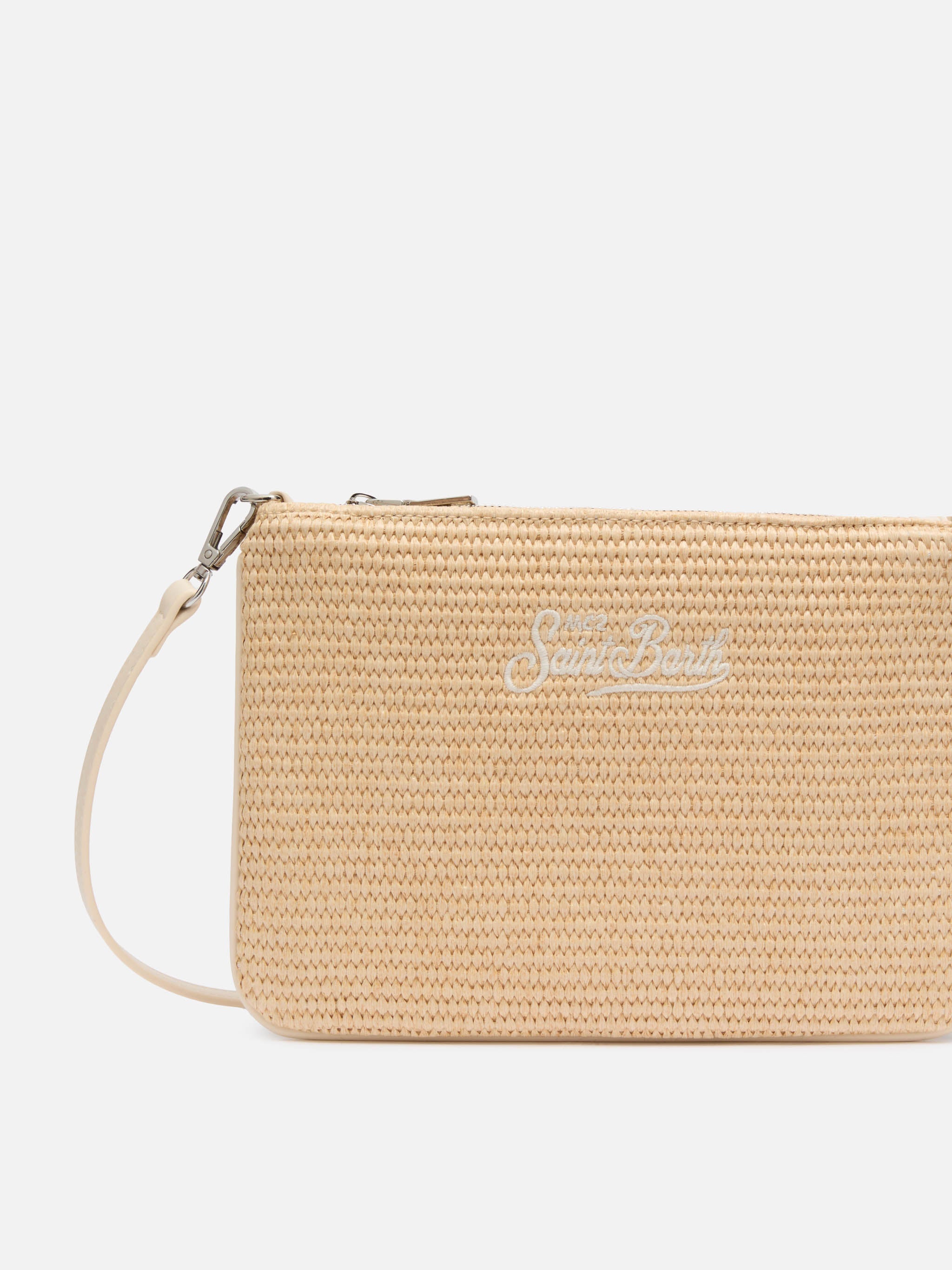 Parisienne Straw Effect Pouch Bag With Embroidered Logo Beige Pochette