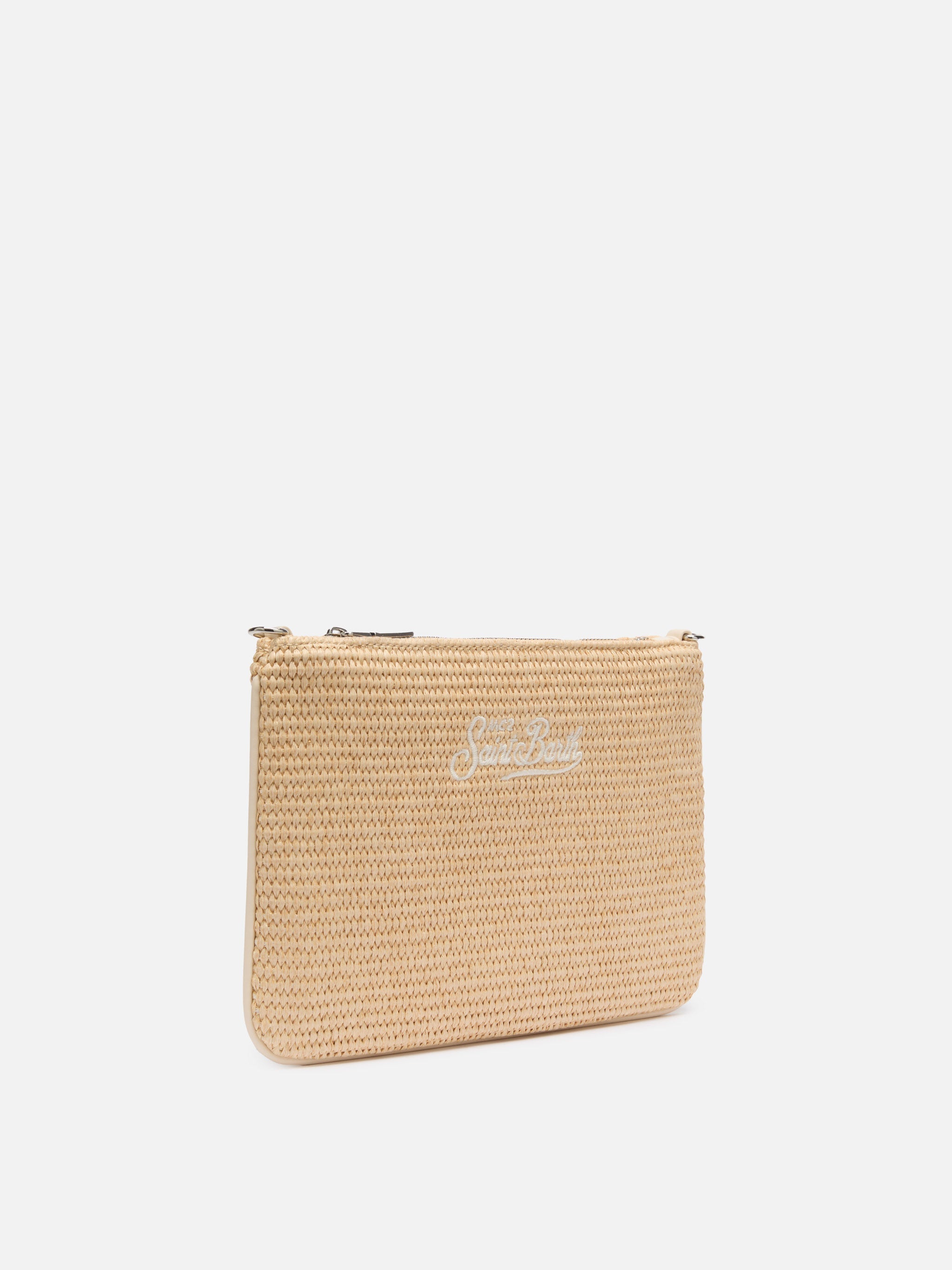 Parisienne Straw Effect Pouch Bag With Embroidered Logo Beige Pochette