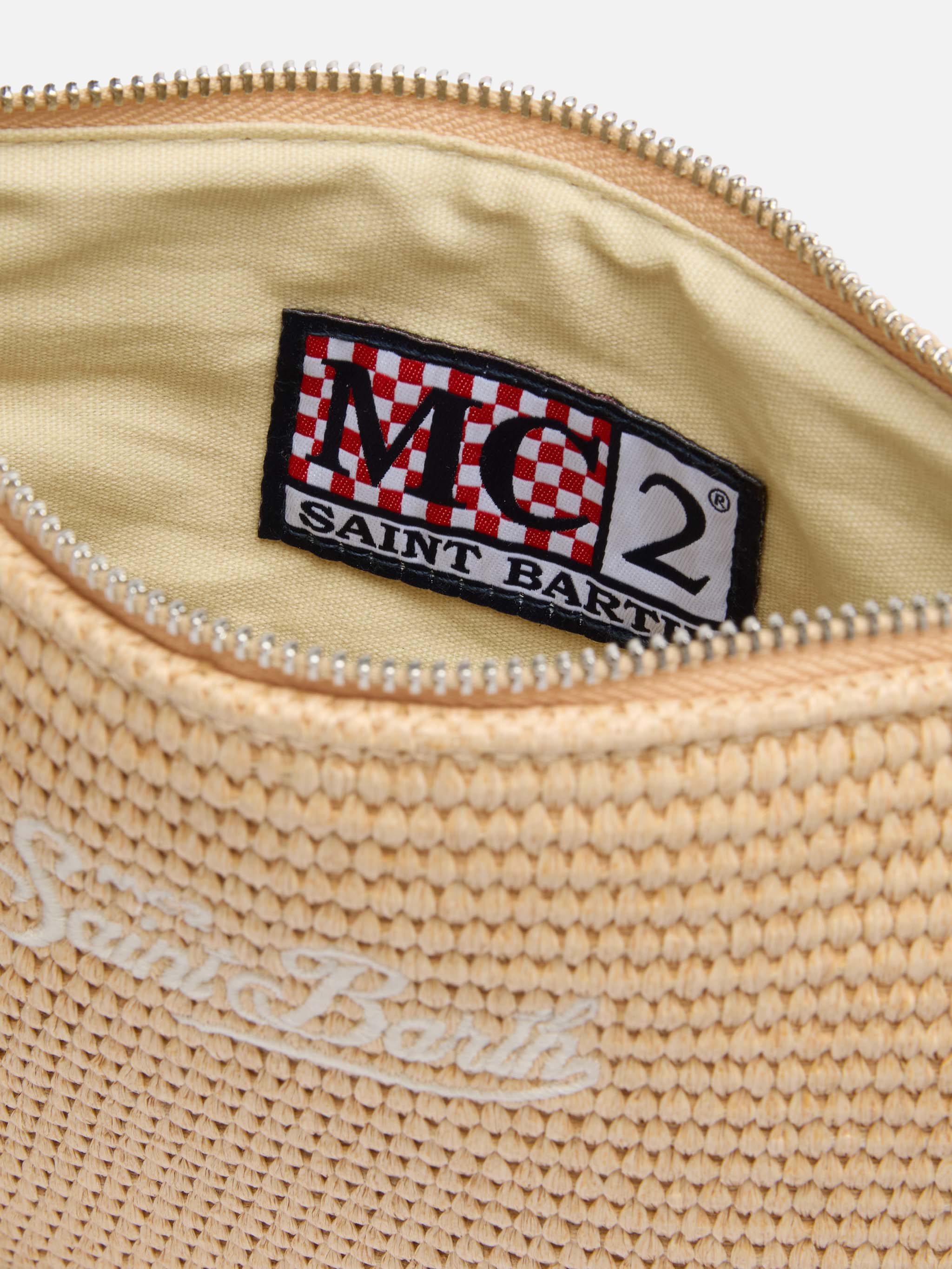 Parisienne Straw Effect Pouch Bag With Embroidered Logo Beige Pochette
