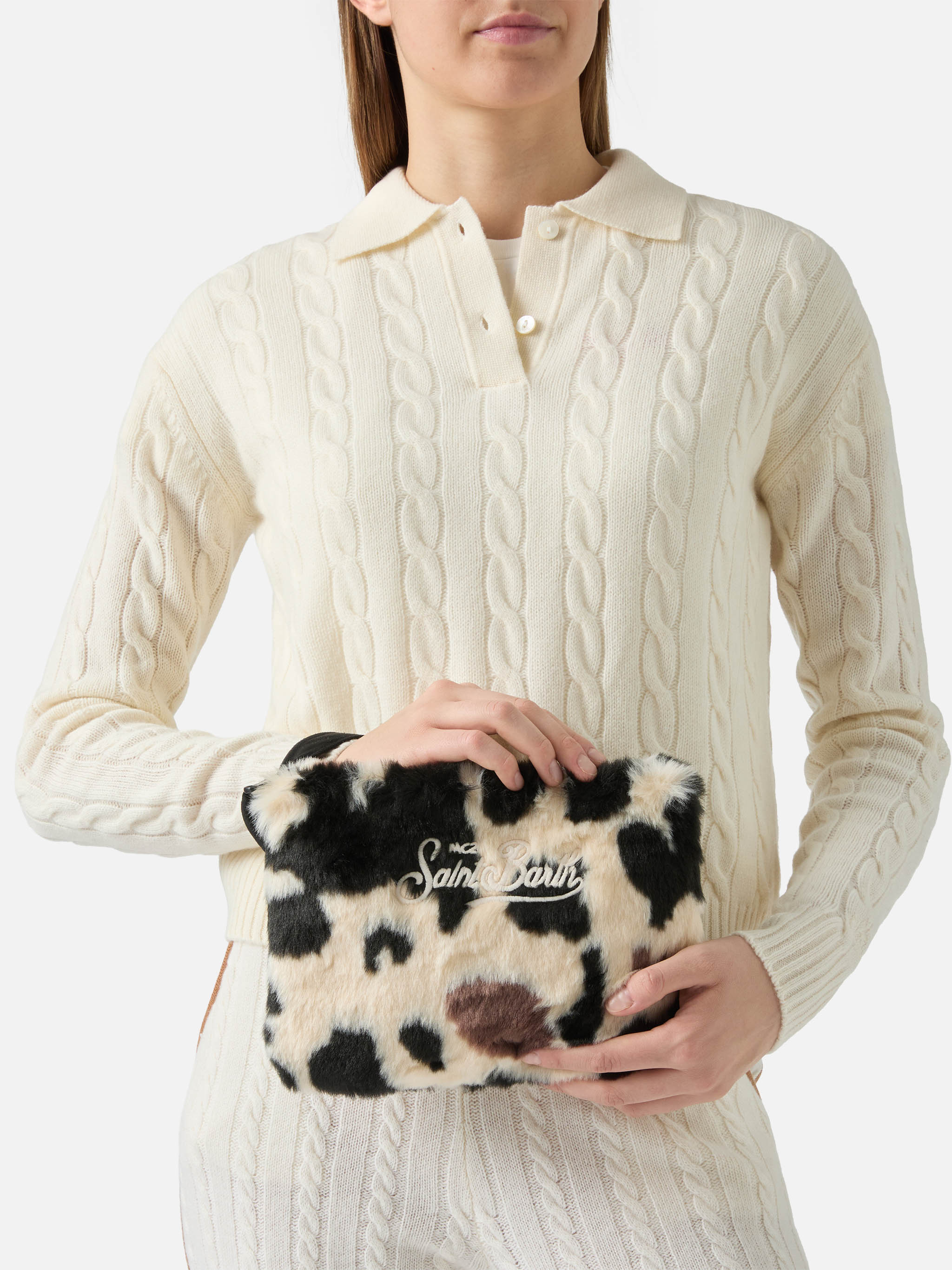 Pareasy Pouch Cow-Print Faux Fur White Pochette