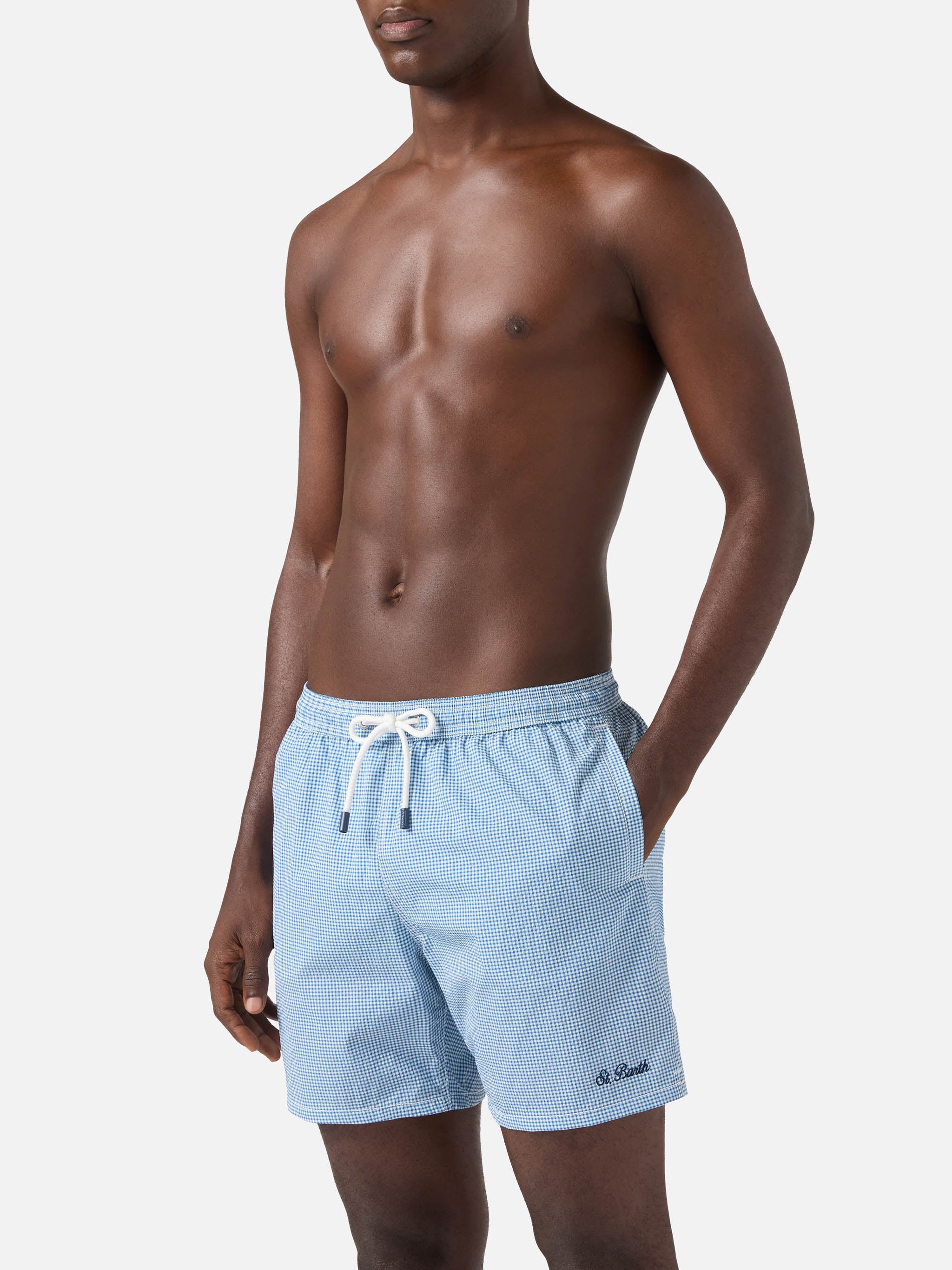 Patmos Seersucker Gingham Swim Shorts Blue And White Swimshort