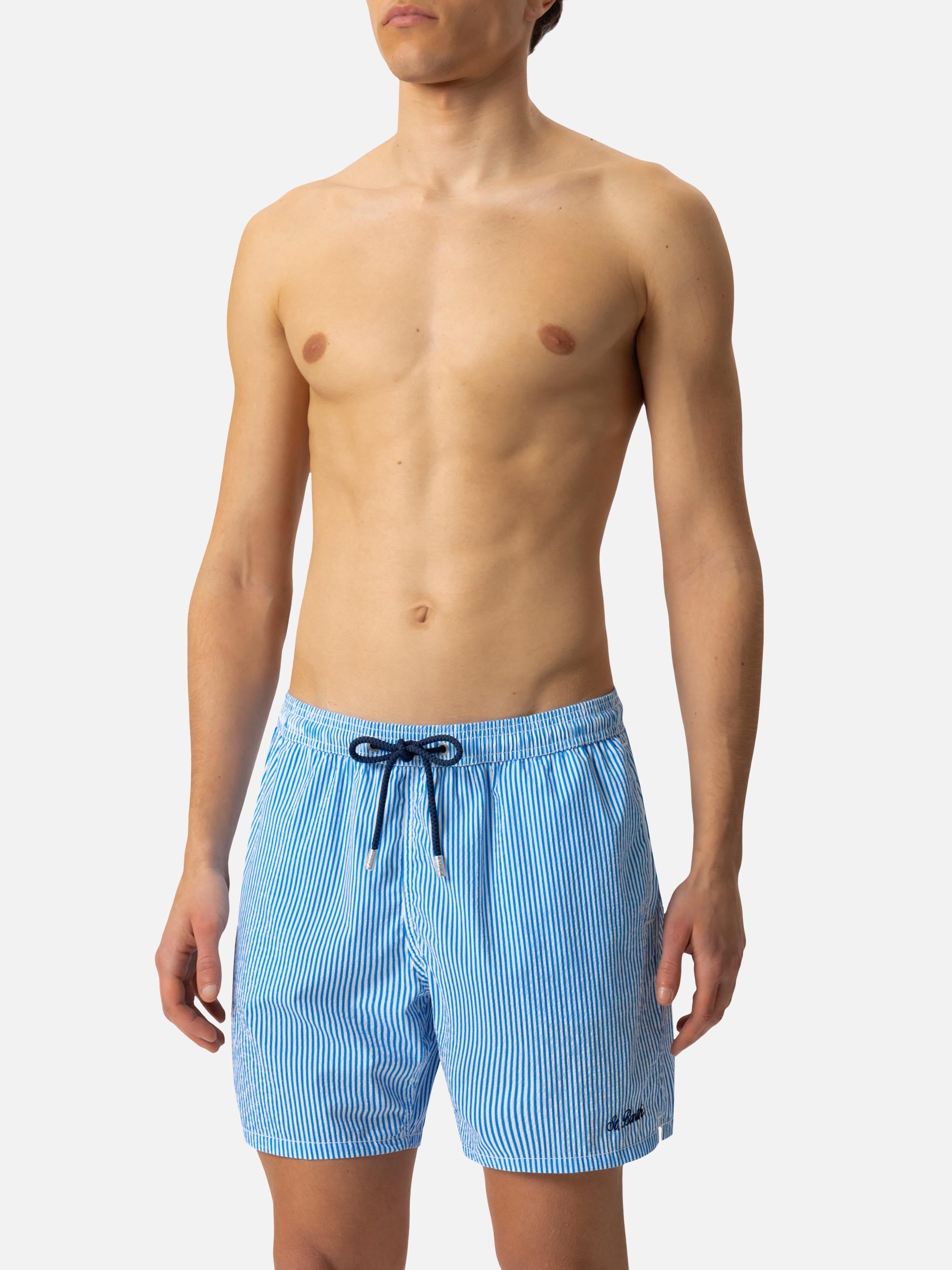 Seersucker Bluette Striped Classic Light Swim Shorts Patmos Blue Swimshort