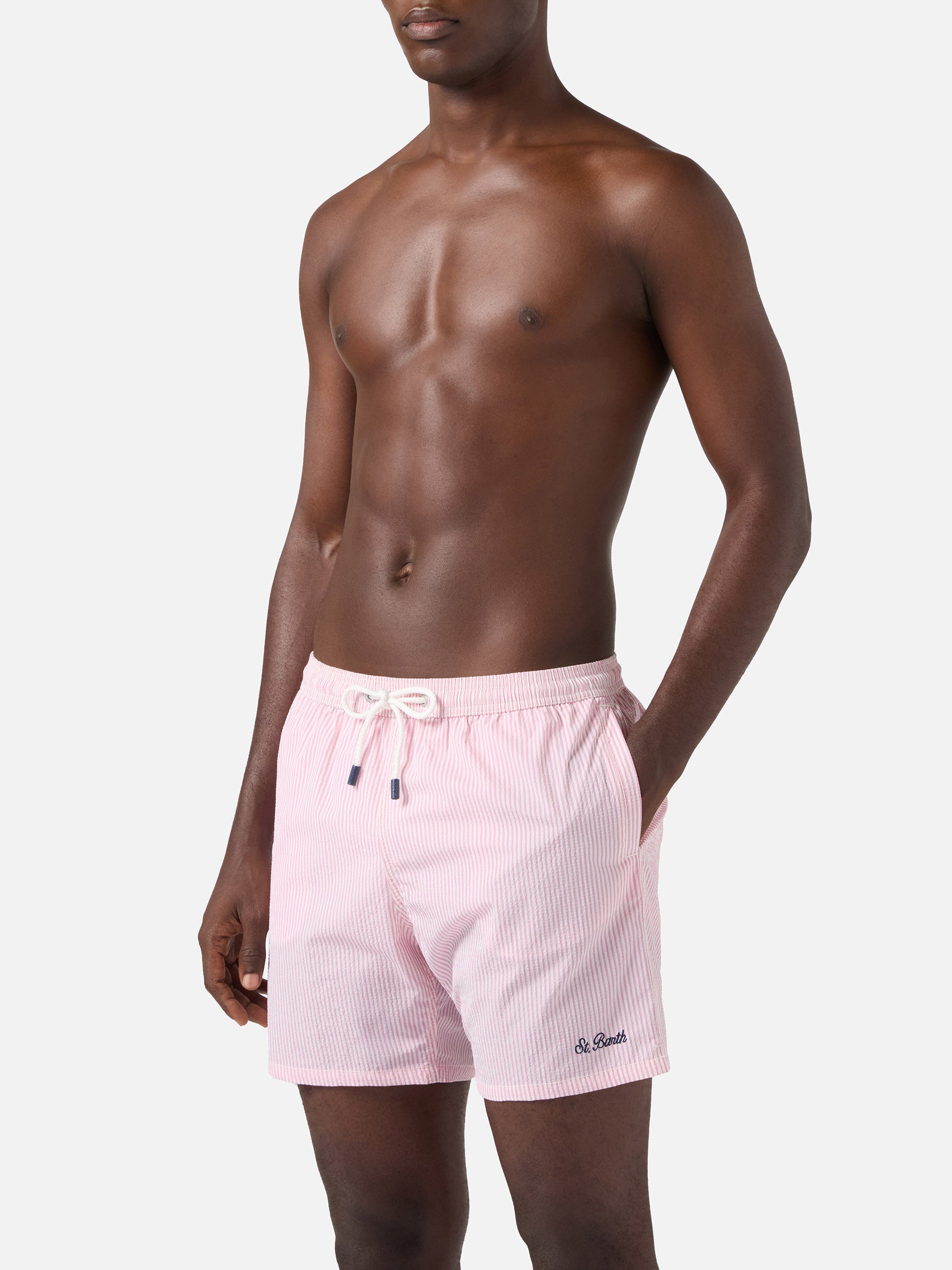 Patmos Seersucker Striped Swim Shorts Pink And White Swimshort
