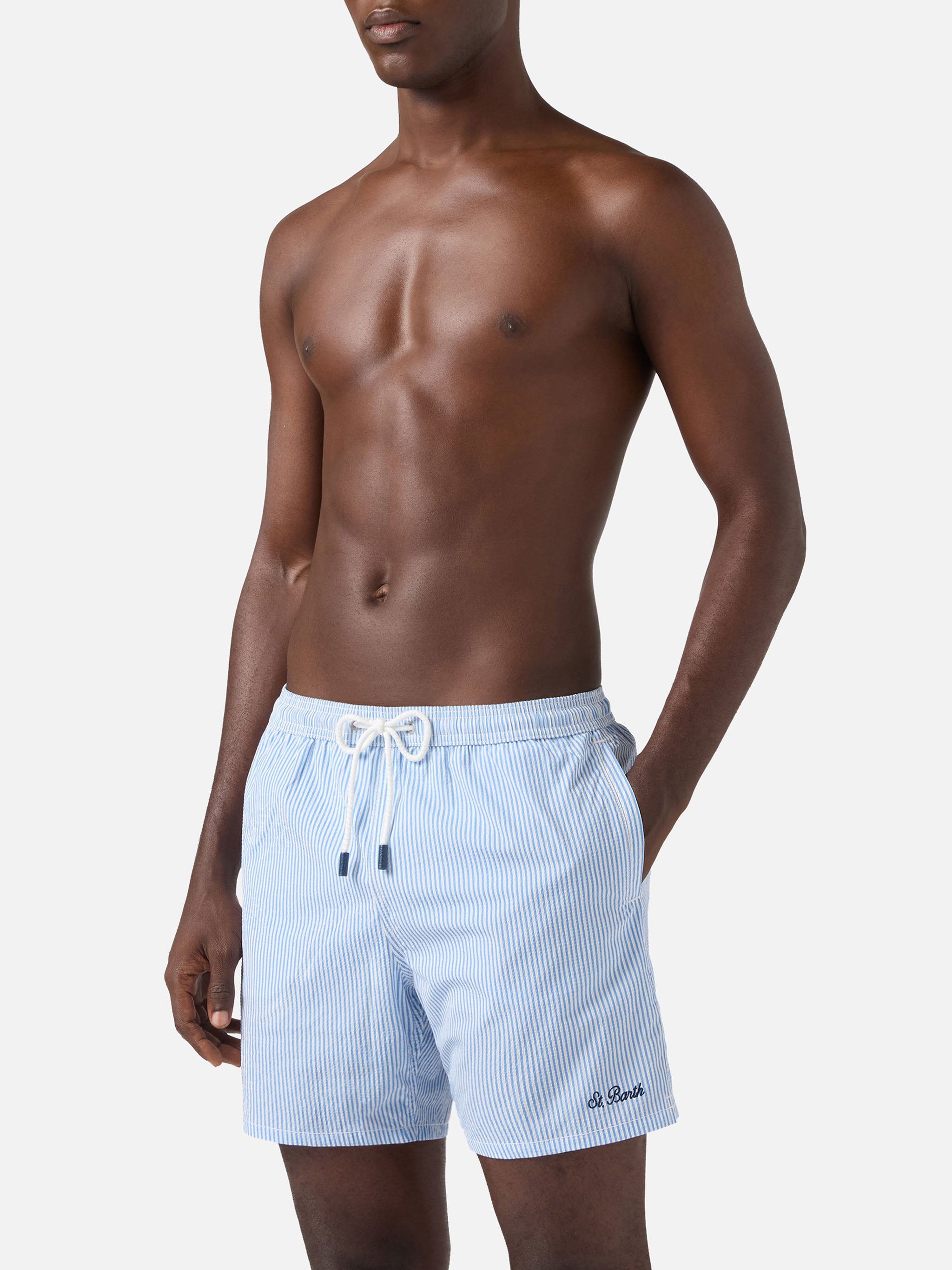 Patmos Seersucker Striped Swim Shorts Blue And White Sky Swimshort