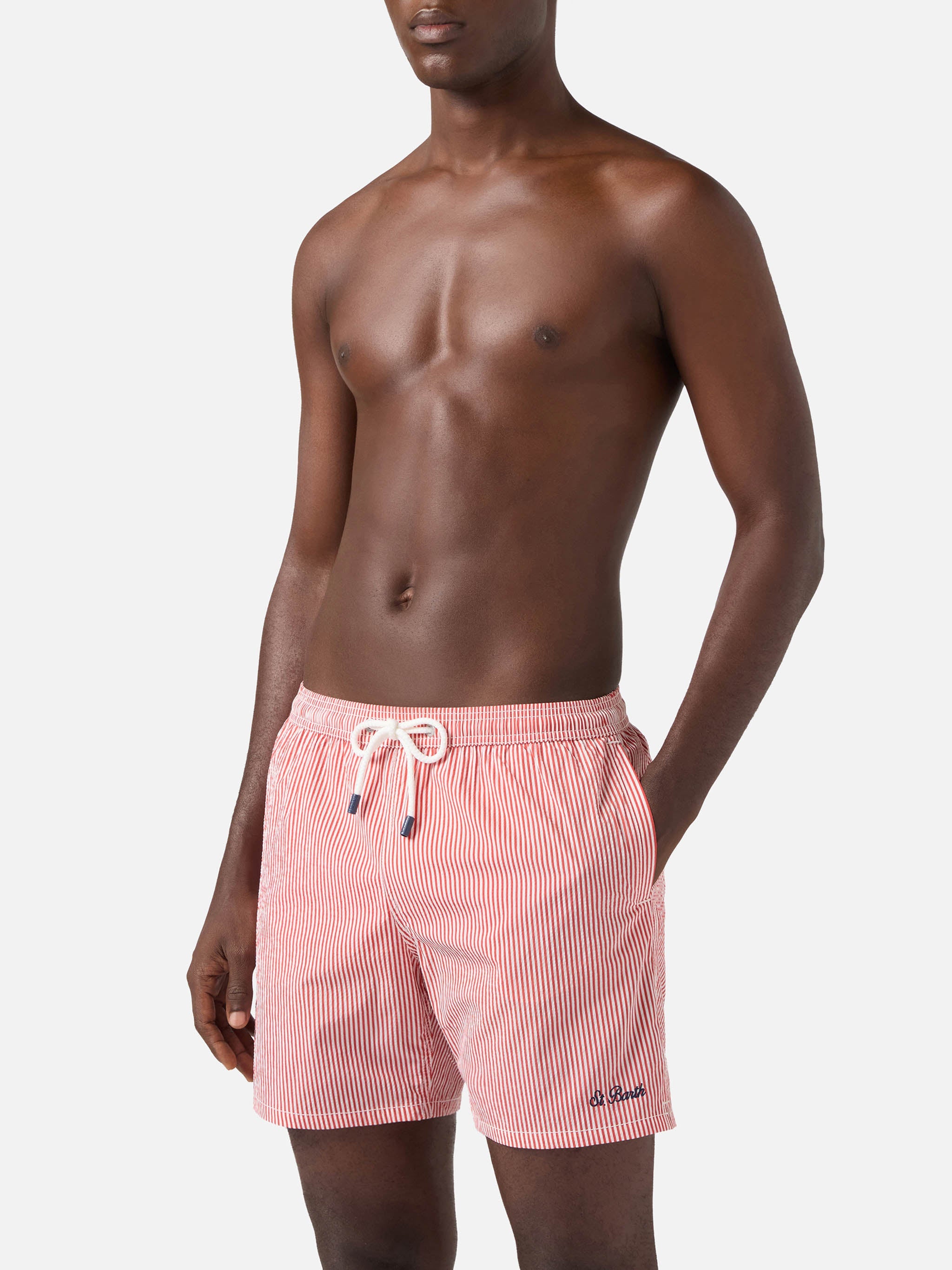 Patmos Seersucker Striped Swim Shorts Red And White Swimshort