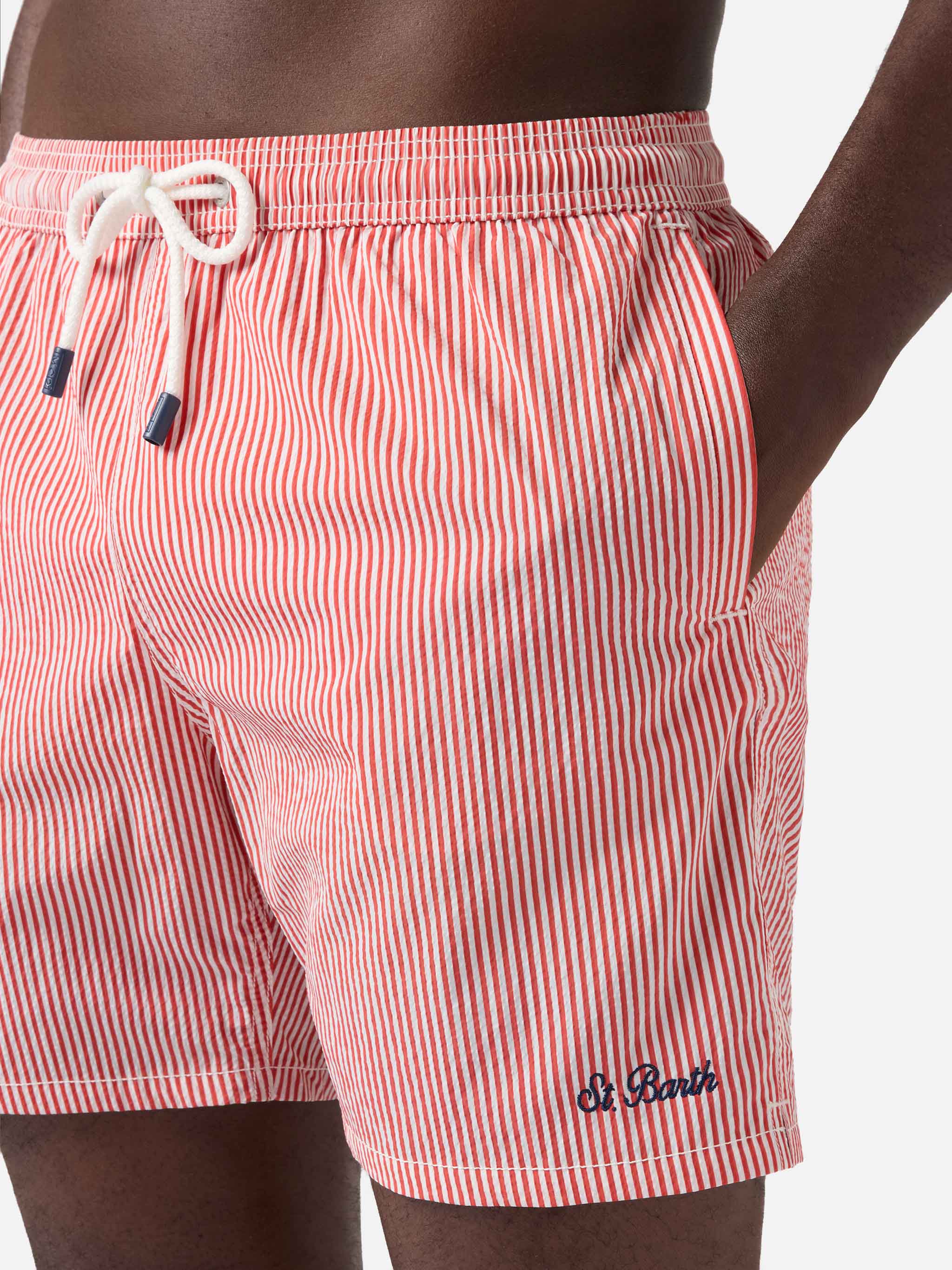 Patmos Seersucker Striped Swim Shorts Red And White Swimshort